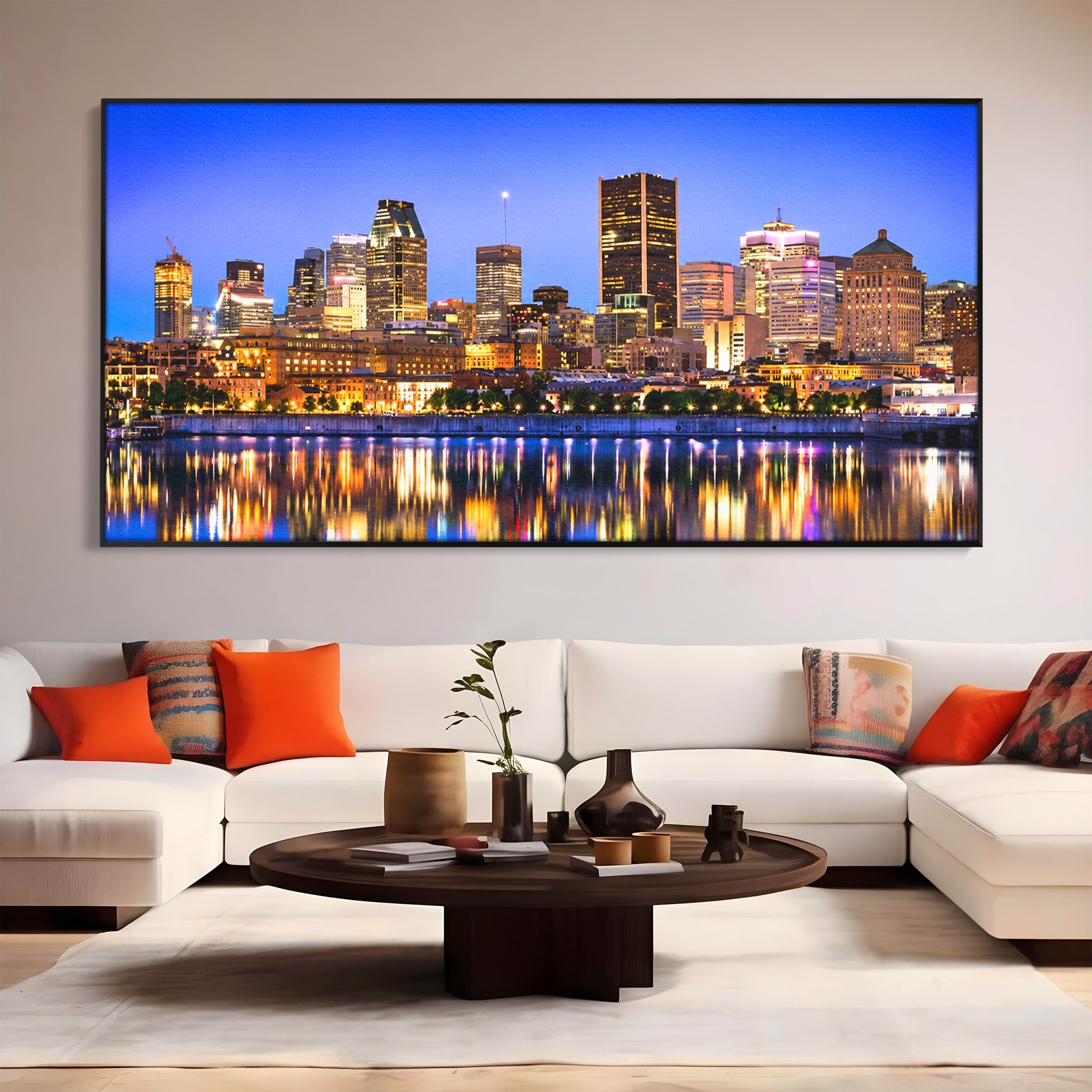Tablou Canvas Premium LuxCanva® O1069, Orasul Noaptea, Oras, Noapte, Reflexii, Panorama, Living, Culori Vibrante