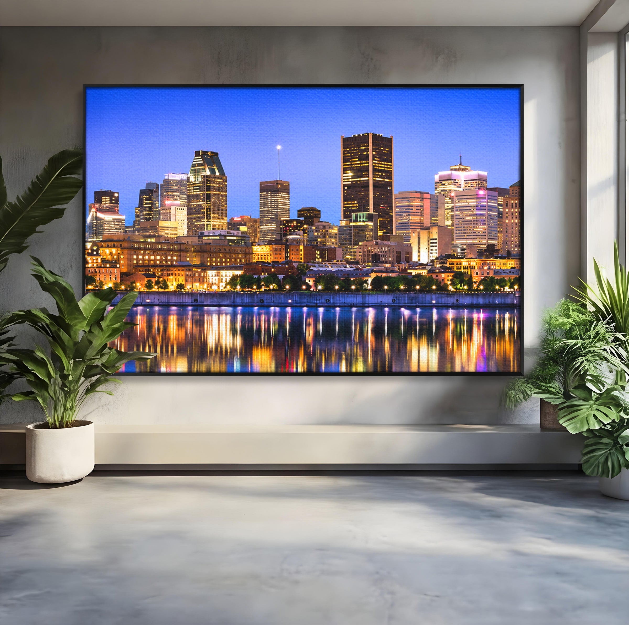 Tablou Canvas Premium LuxCanva® O1069, Orasul Noaptea, Oras, Noapte, Reflexii, Panorama, Living, Culori Vibrante