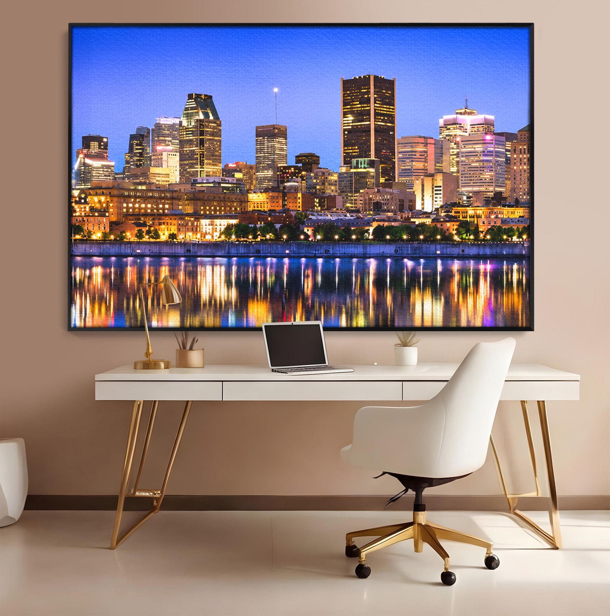 Tablou Canvas Premium LuxCanva® O1069, Orasul Noaptea, Oras, Noapte, Reflexii, Panorama, Living, Culori Vibrante