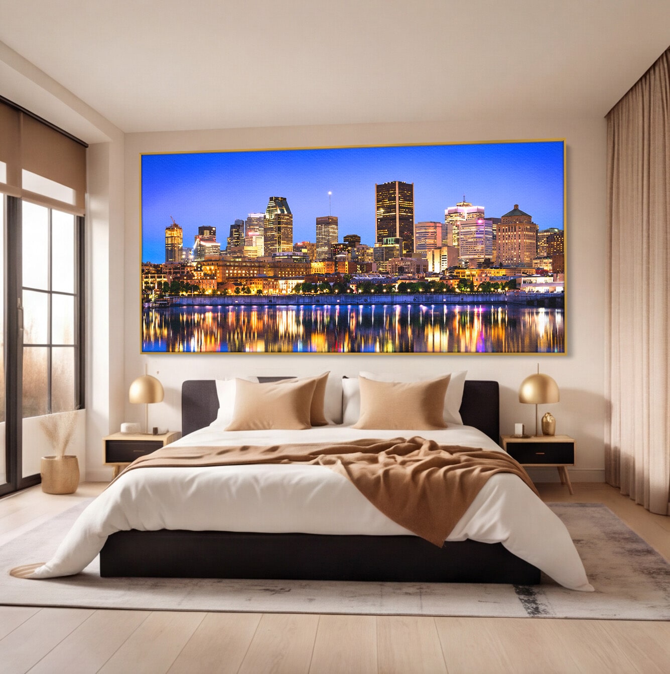 Tablou Canvas Premium LuxCanva® O1069, Orasul Noaptea, Oras, Noapte, Reflexii, Panorama, Living, Culori Vibrante