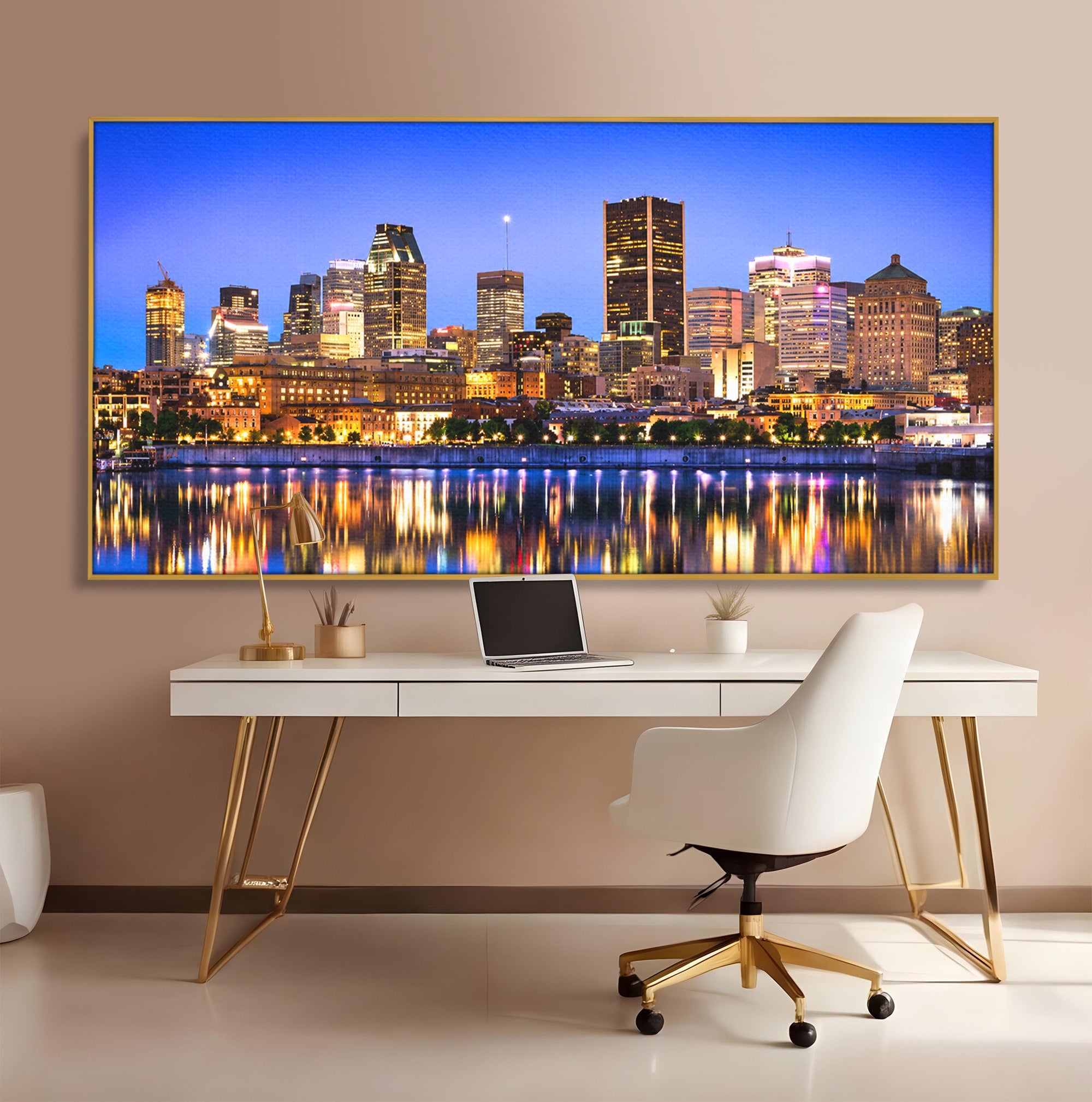 Tablou Canvas Premium LuxCanva® O1069, Orasul Noaptea, Oras, Noapte, Reflexii, Panorama, Living, Culori Vibrante