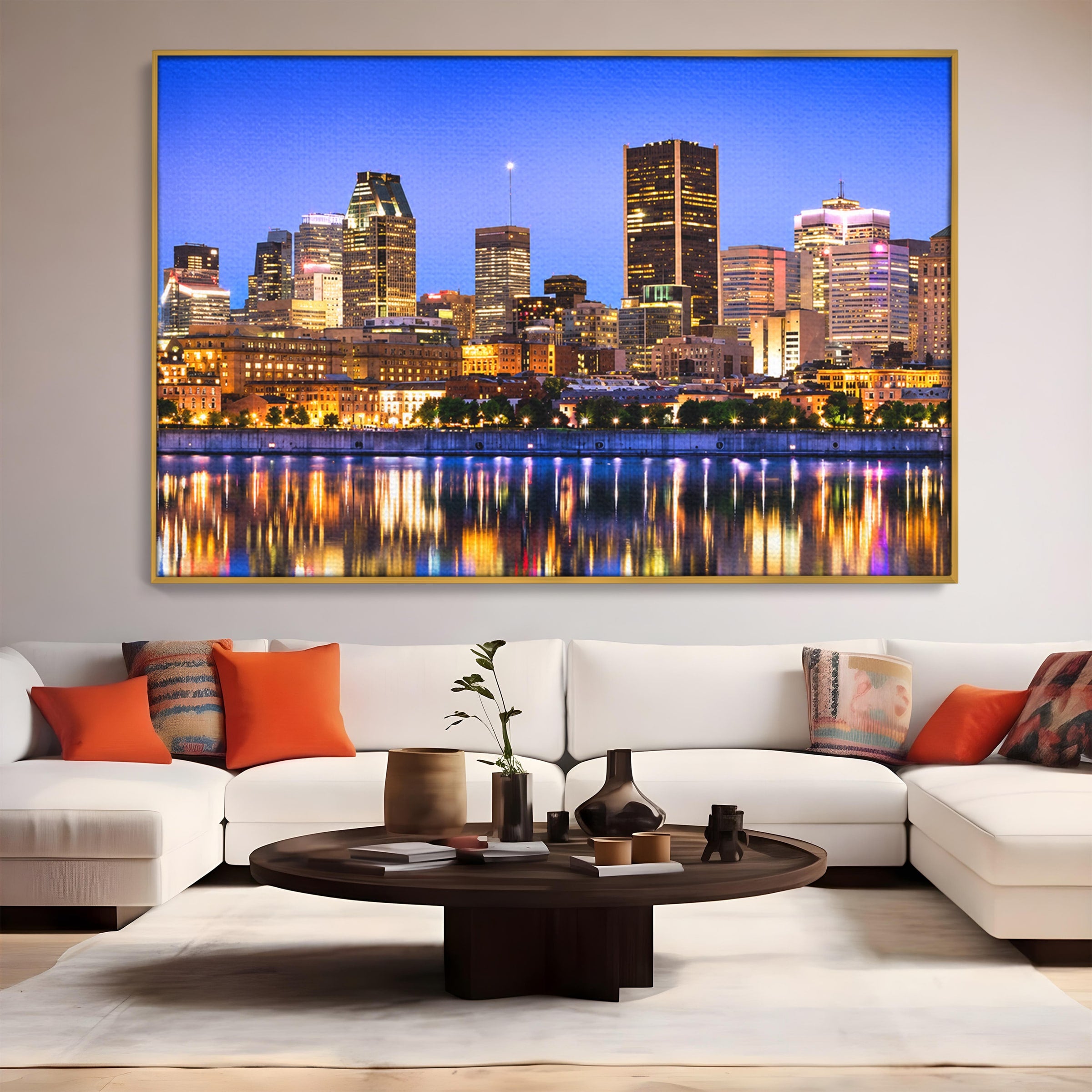 Tablou Canvas Premium LuxCanva® O1069, Orasul Noaptea, Oras, Noapte, Reflexii, Panorama, Living, Culori Vibrante