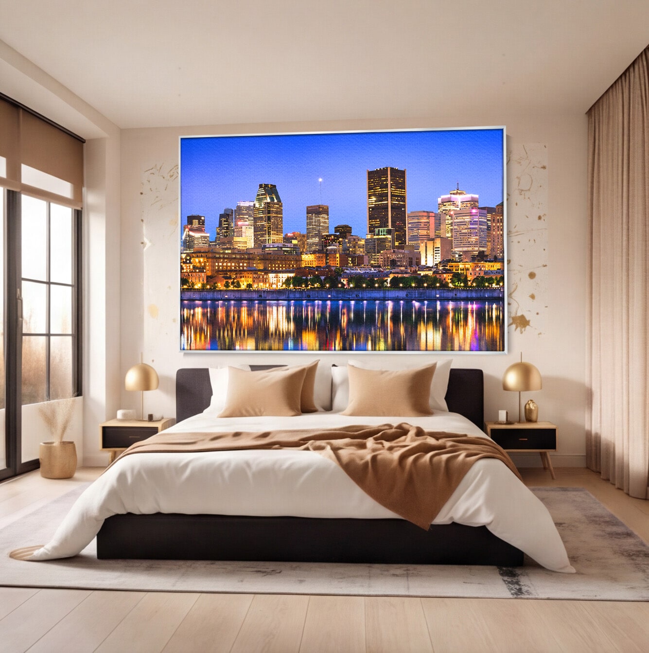 Tablou Canvas Premium LuxCanva® O1069, Orasul Noaptea, Oras, Noapte, Reflexii, Panorama, Living, Culori Vibrante