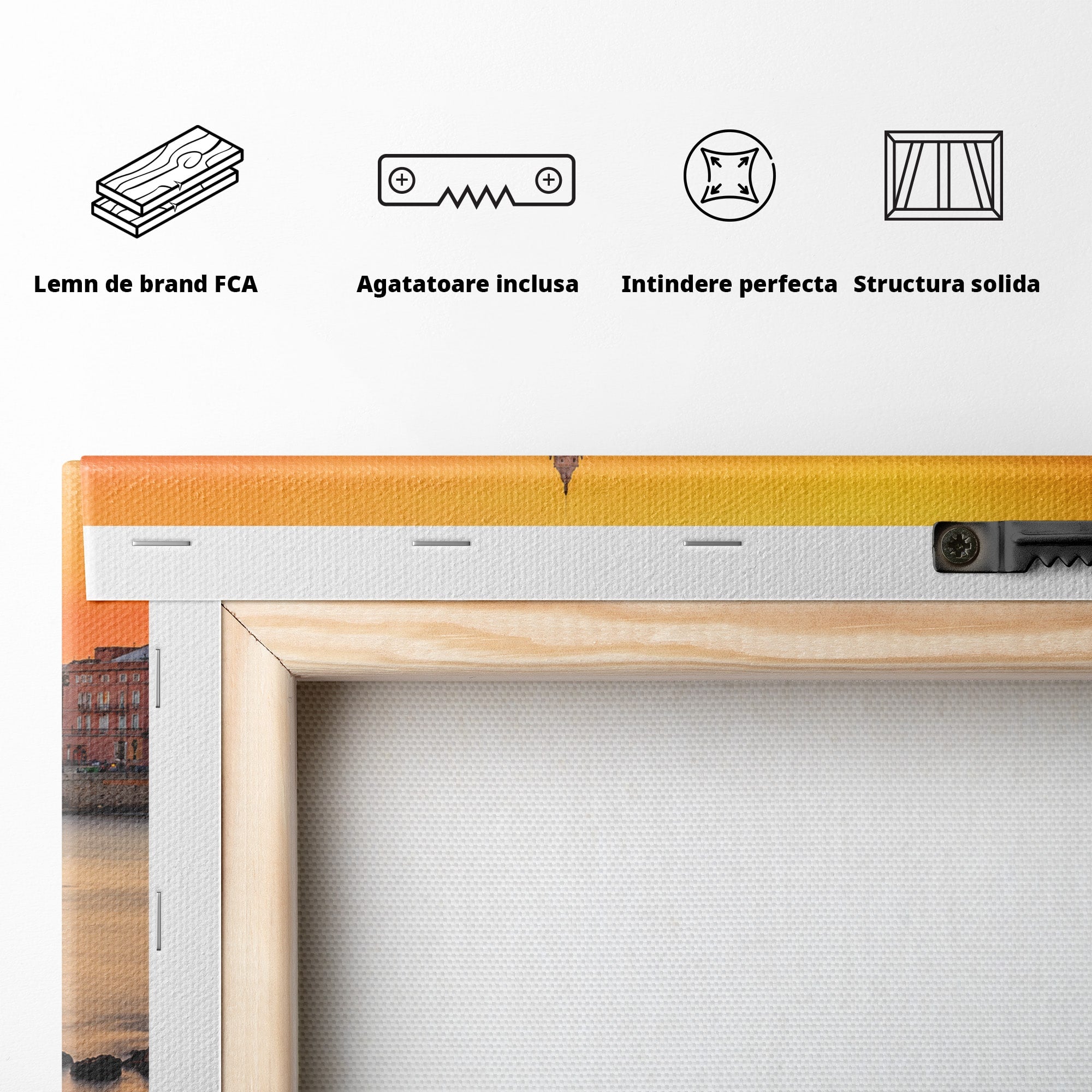 Tablou Canvas Premium LuxCanva® O1070, Apus Pitoresc Mediteranean, Apus, Mare, Oras, Peisaj, Living, Culori Vibrante