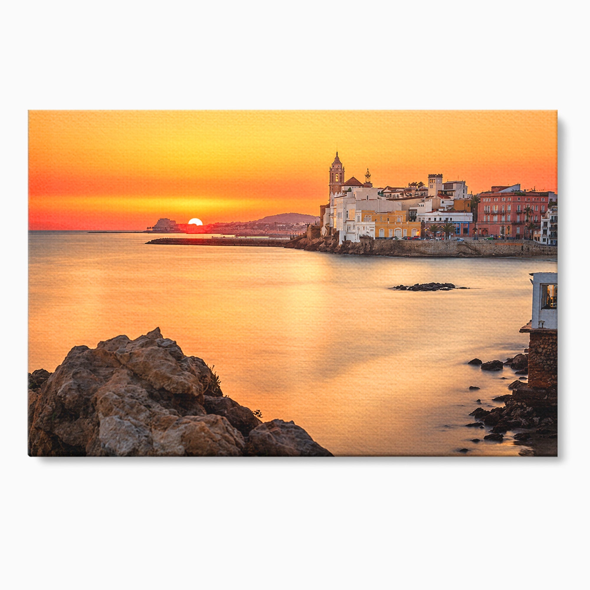Tablou Canvas Premium LuxCanva® O1070, Apus Pitoresc Mediteranean, Apus, Mare, Oras, Peisaj, Living, Culori Vibrante