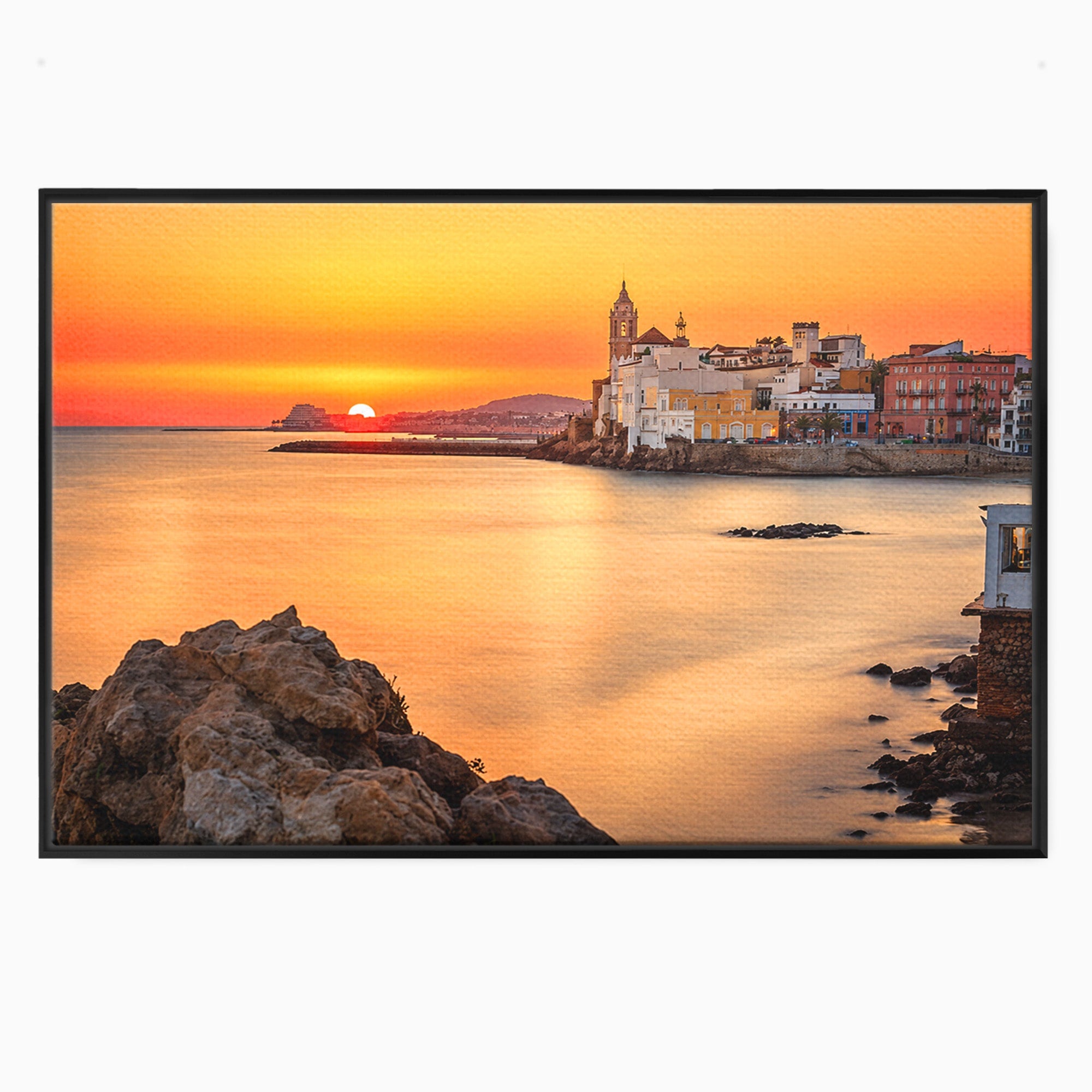 Tablou Canvas Premium LuxCanva® O1070, Apus Pitoresc Mediteranean, Apus, Mare, Oras, Peisaj, Living, Culori Vibrante