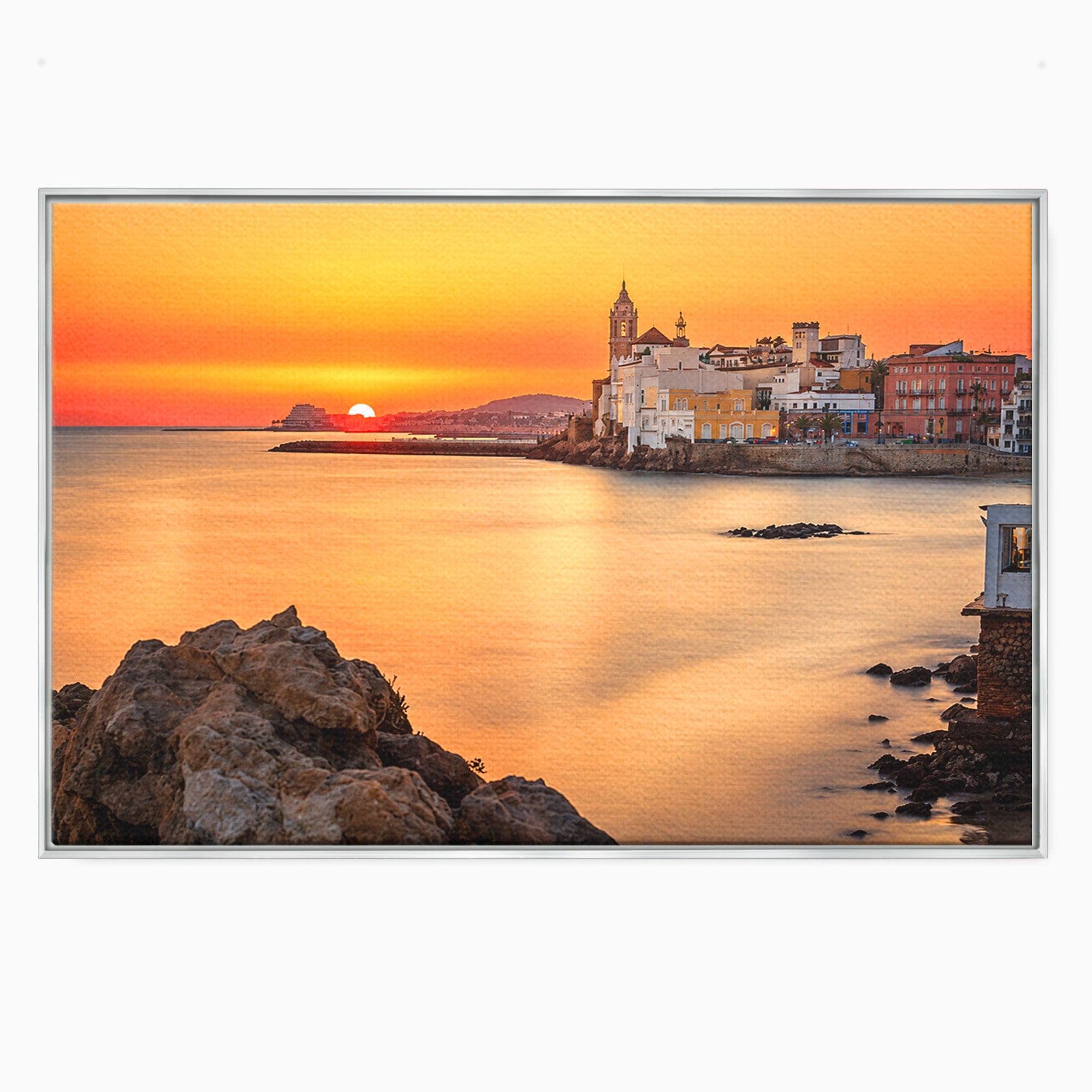 Tablou Canvas Premium LuxCanva® O1070, Apus Pitoresc Mediteranean, Apus, Mare, Oras, Peisaj, Living, Culori Vibrante