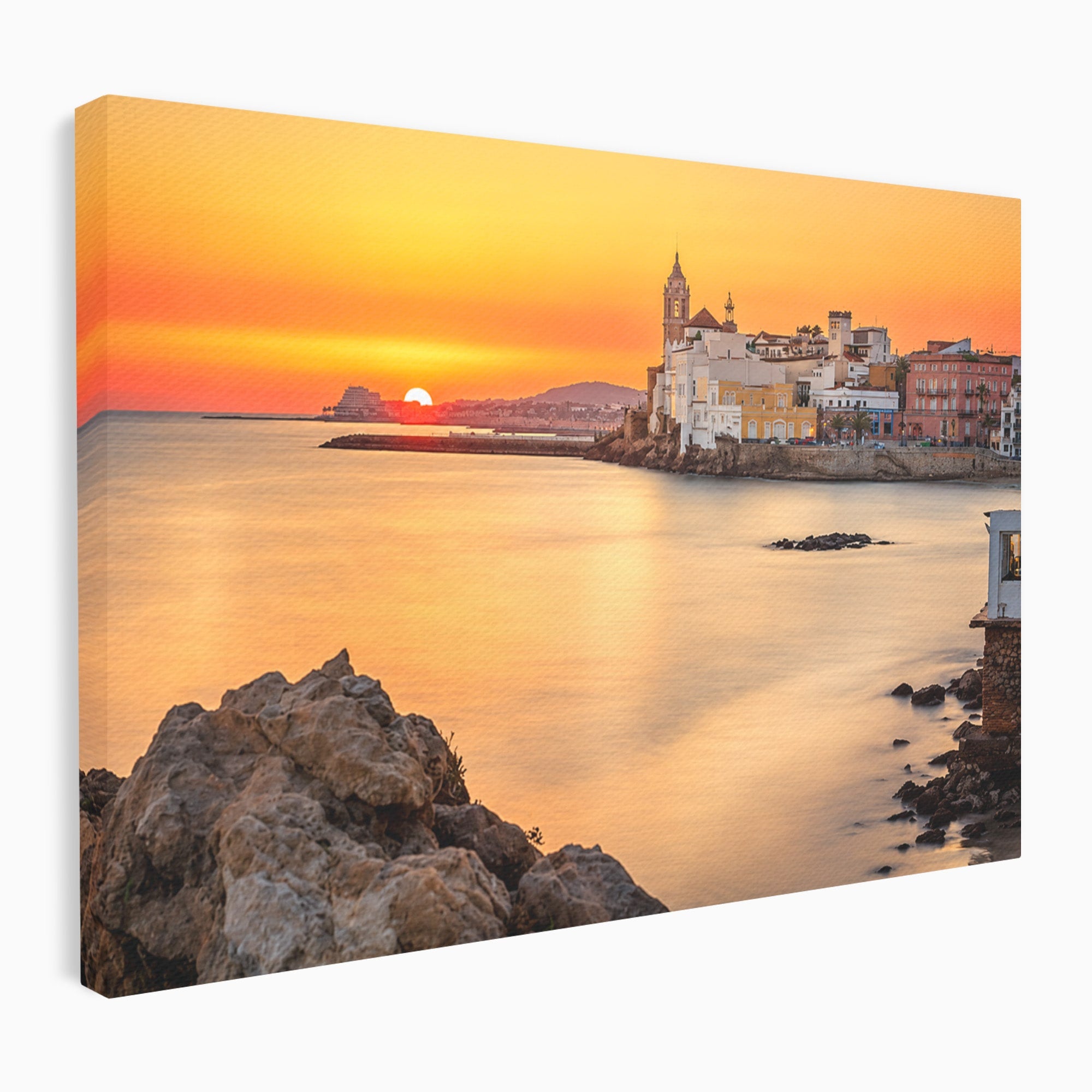 Tablou Canvas Premium LuxCanva® O1070, Apus Pitoresc Mediteranean, Apus, Mare, Oras, Peisaj, Living, Culori Vibrante