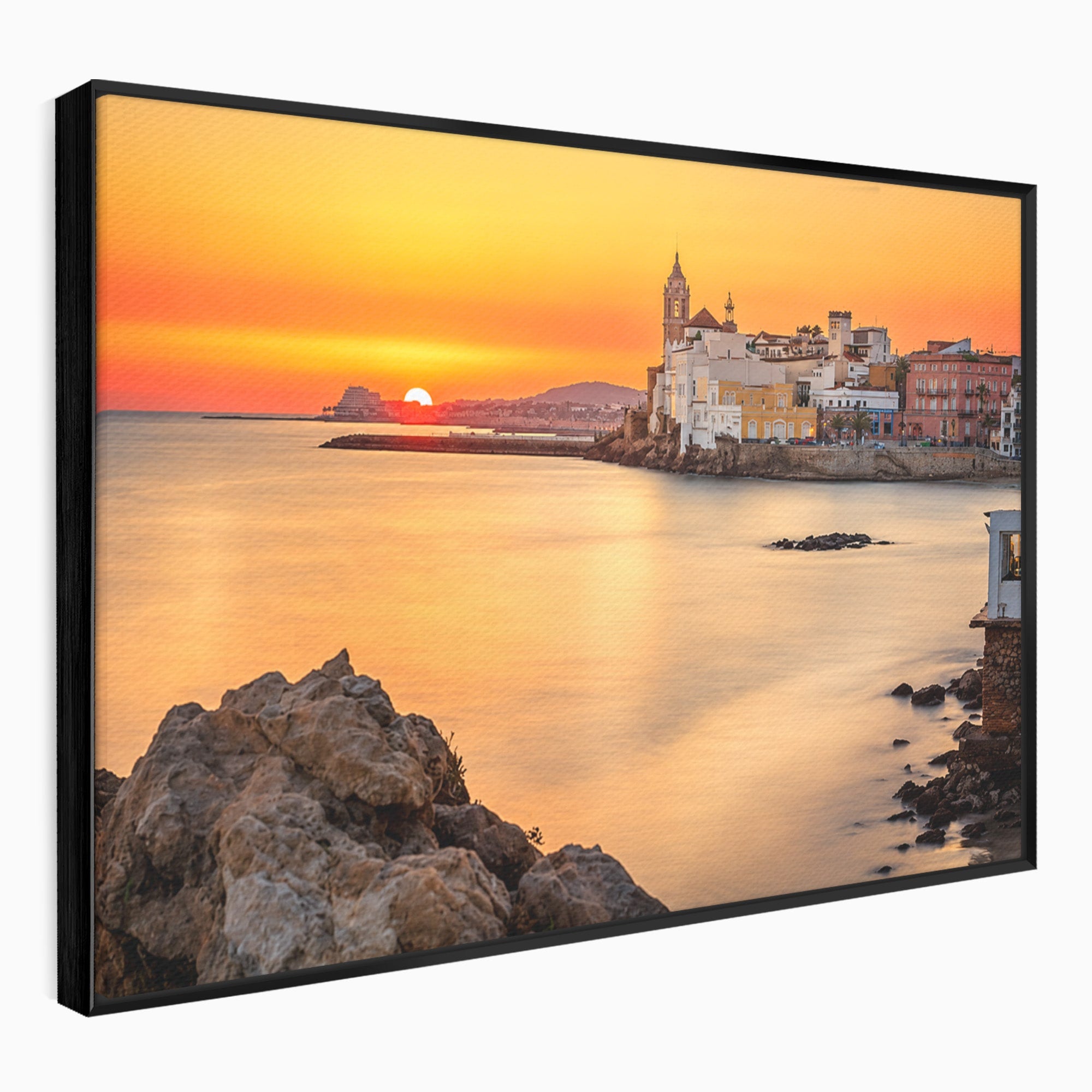 Tablou Canvas Premium LuxCanva® O1070, Apus Pitoresc Mediteranean, Apus, Mare, Oras, Peisaj, Living, Culori Vibrante