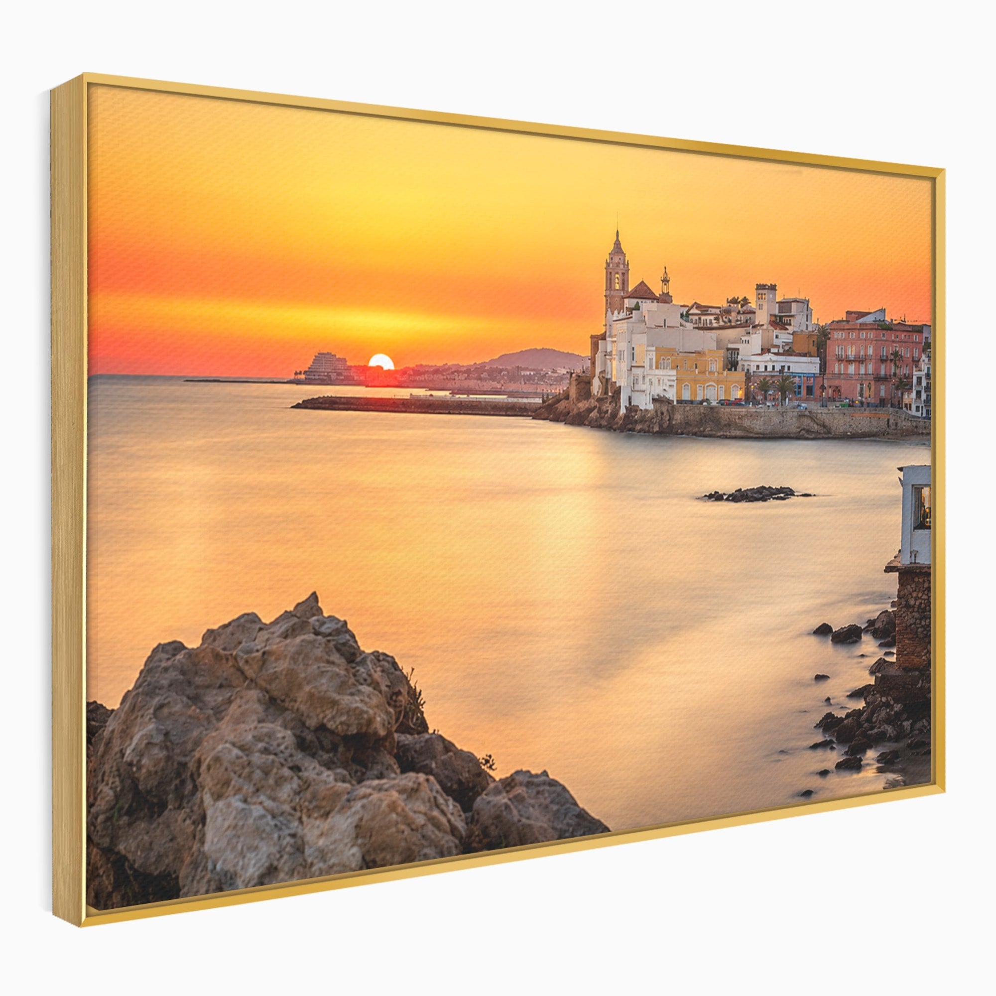Tablou Canvas Premium LuxCanva® O1070, Apus Pitoresc Mediteranean, Apus, Mare, Oras, Peisaj, Living, Culori Vibrante