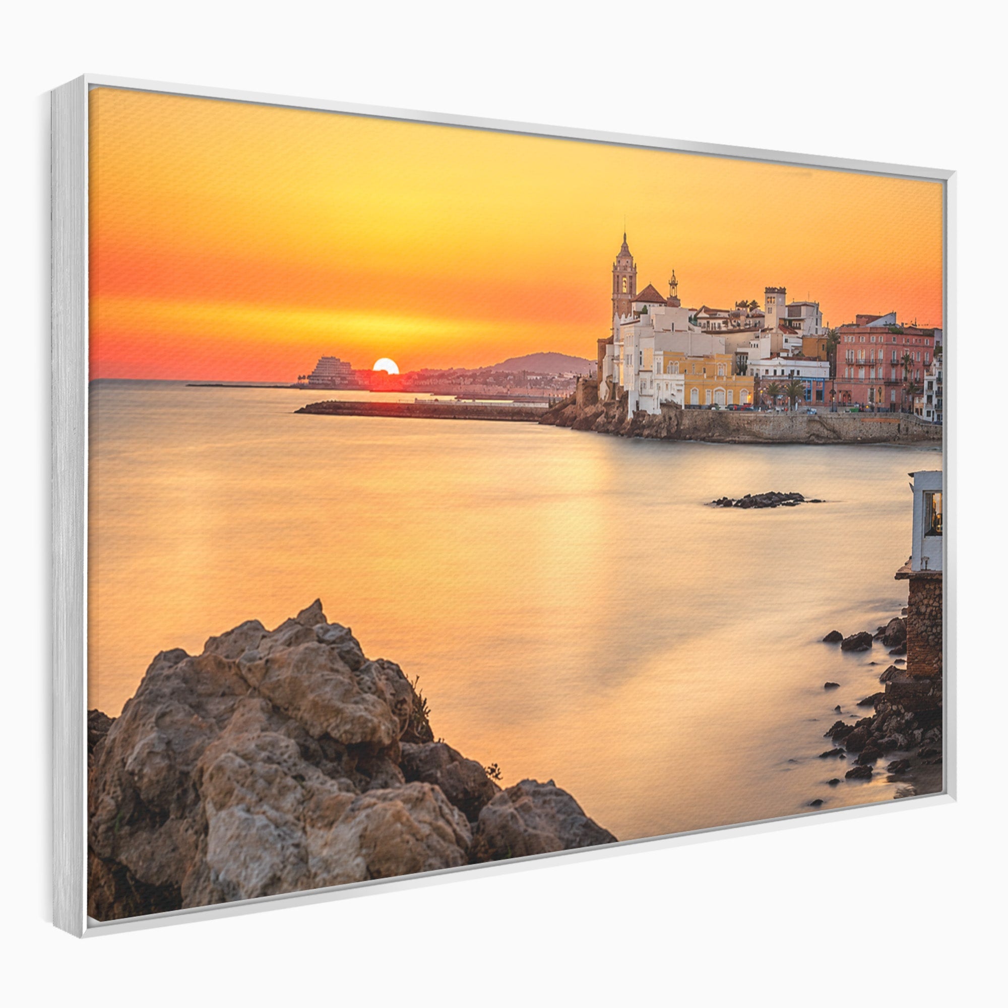 Tablou Canvas Premium LuxCanva® O1070, Apus Pitoresc Mediteranean, Apus, Mare, Oras, Peisaj, Living, Culori Vibrante