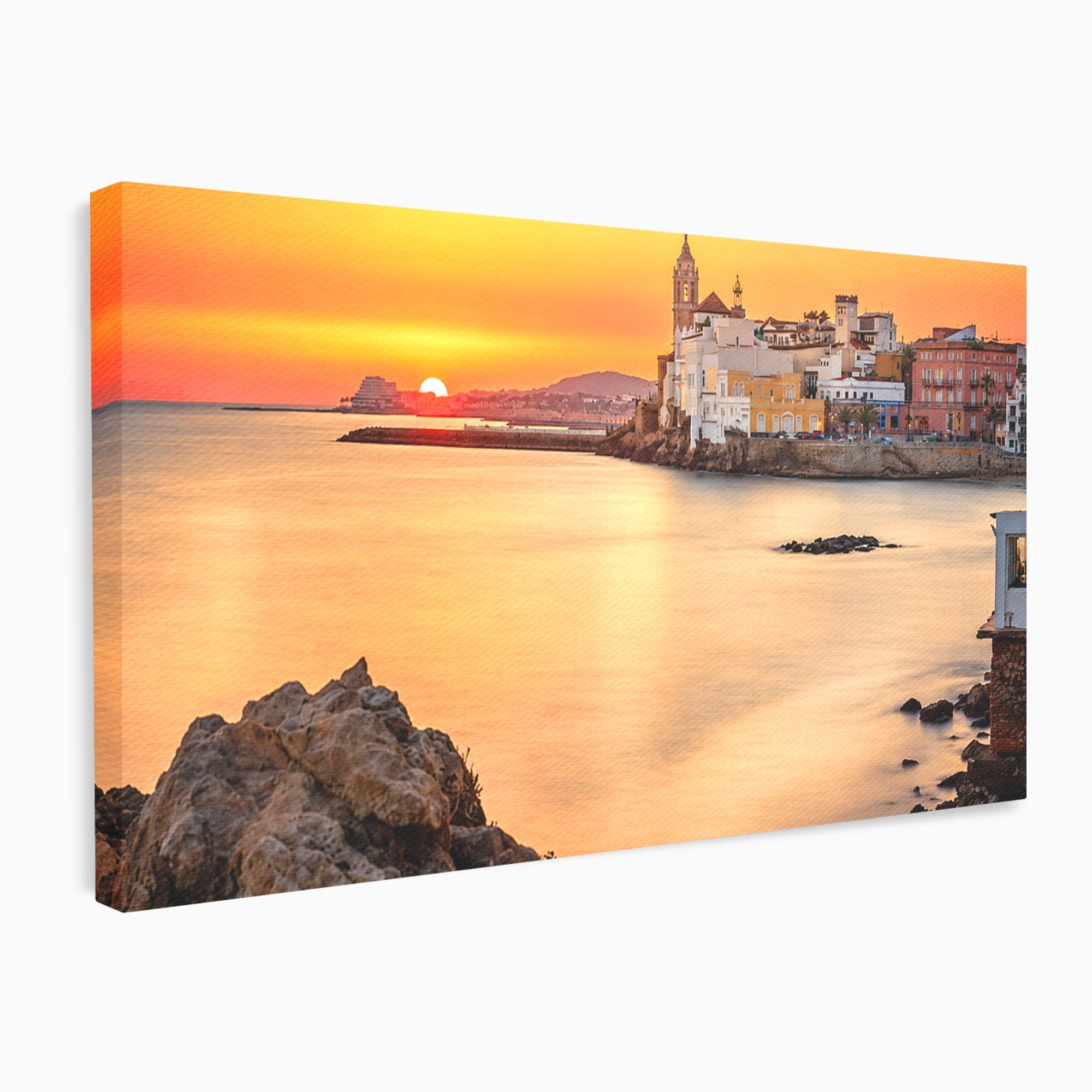 Tablou Canvas Premium LuxCanva® O1070, Apus Pitoresc Mediteranean, Apus, Mare, Oras, Peisaj, Living, Culori Vibrante