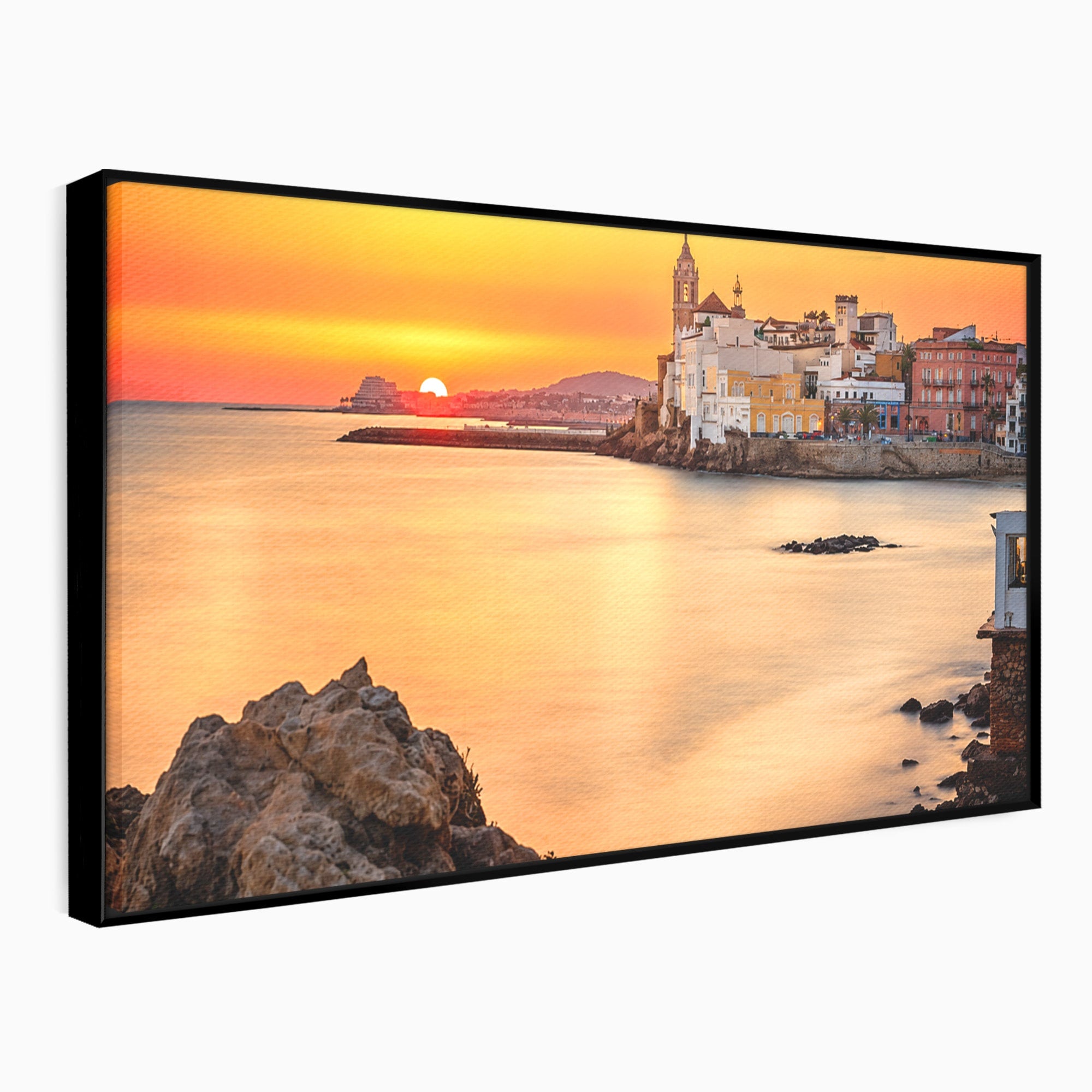Tablou Canvas Premium LuxCanva® O1070, Apus Pitoresc Mediteranean, Apus, Mare, Oras, Peisaj, Living, Culori Vibrante