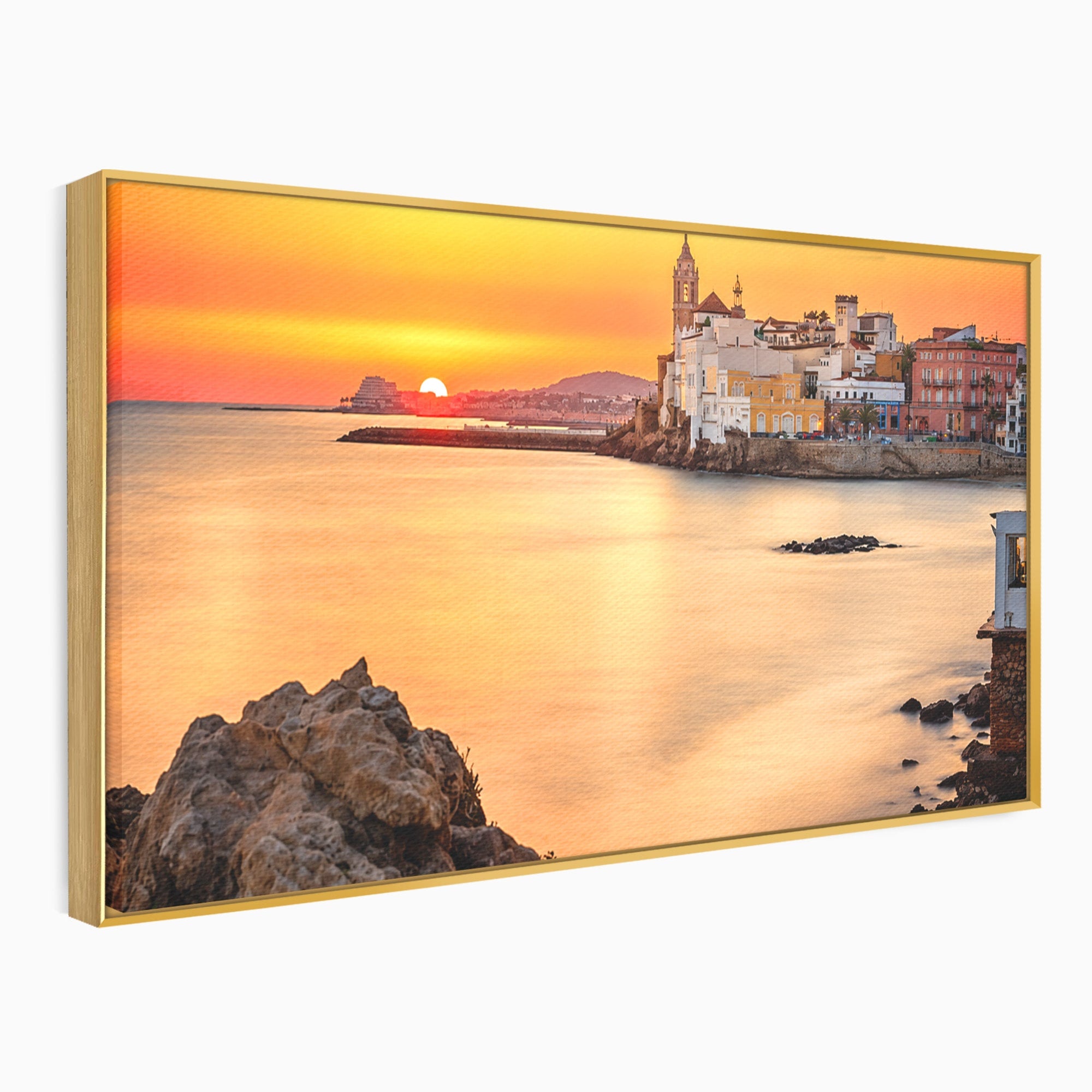 Tablou Canvas Premium LuxCanva® O1070, Apus Pitoresc Mediteranean, Apus, Mare, Oras, Peisaj, Living, Culori Vibrante
