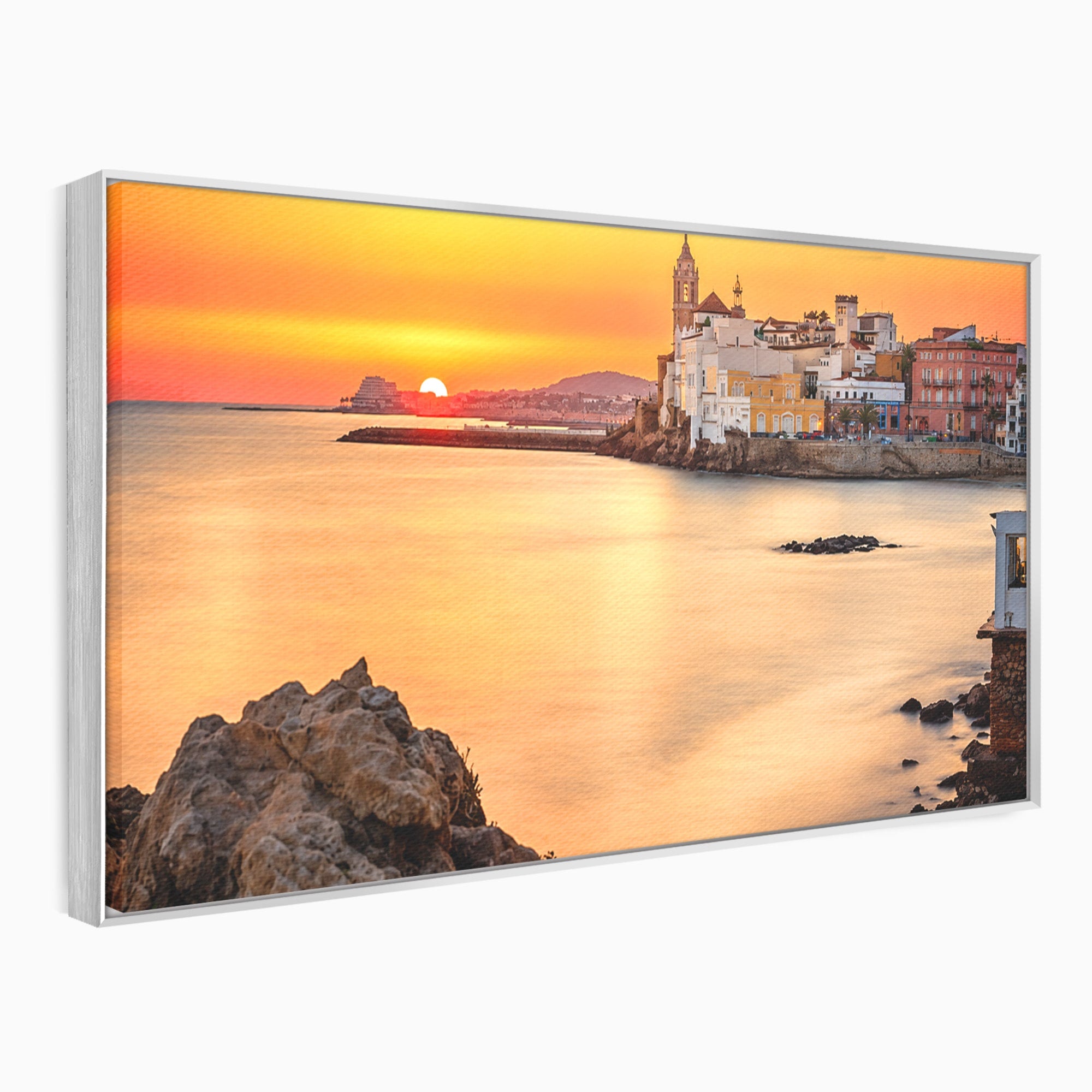 Tablou Canvas Premium LuxCanva® O1070, Apus Pitoresc Mediteranean, Apus, Mare, Oras, Peisaj, Living, Culori Vibrante