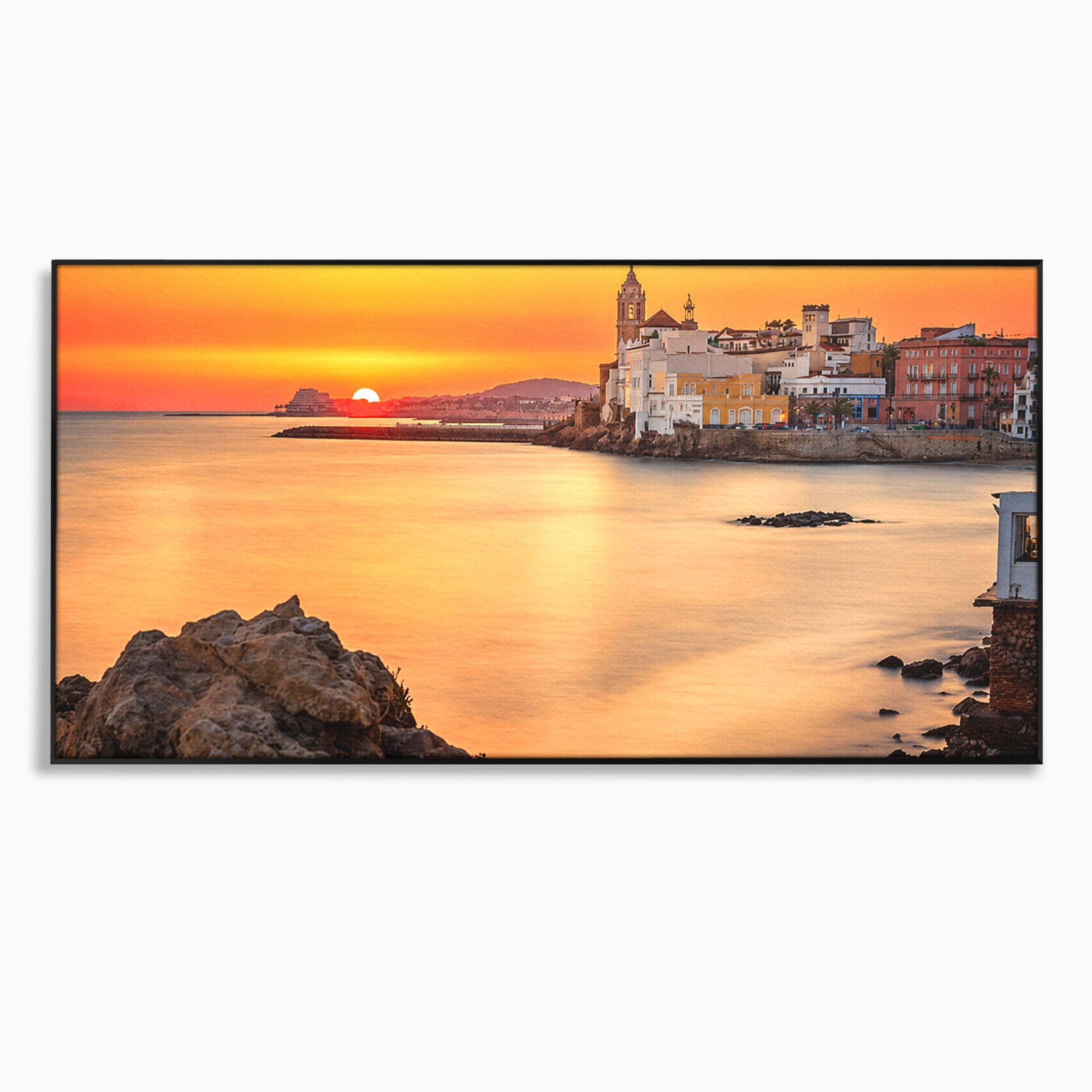 Tablou Canvas Premium LuxCanva® O1070, Apus Pitoresc Mediteranean, Apus, Mare, Oras, Peisaj, Living, Culori Vibrante