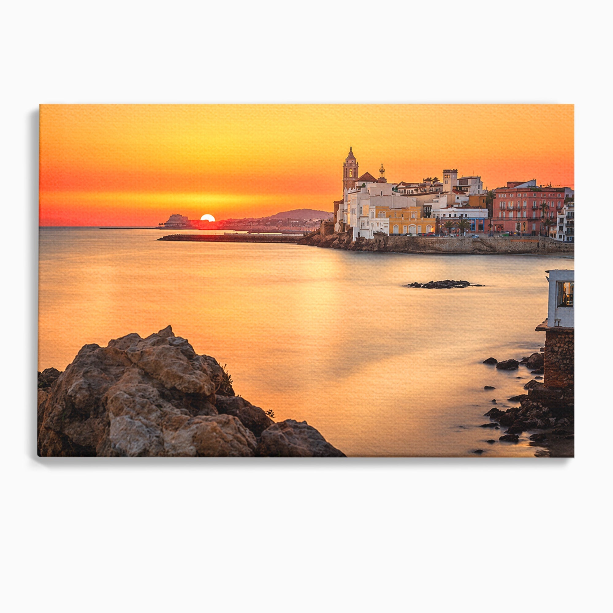 Tablou Canvas Premium LuxCanva® O1070, Apus Pitoresc Mediteranean, Apus, Mare, Oras, Peisaj, Living, Culori Vibrante