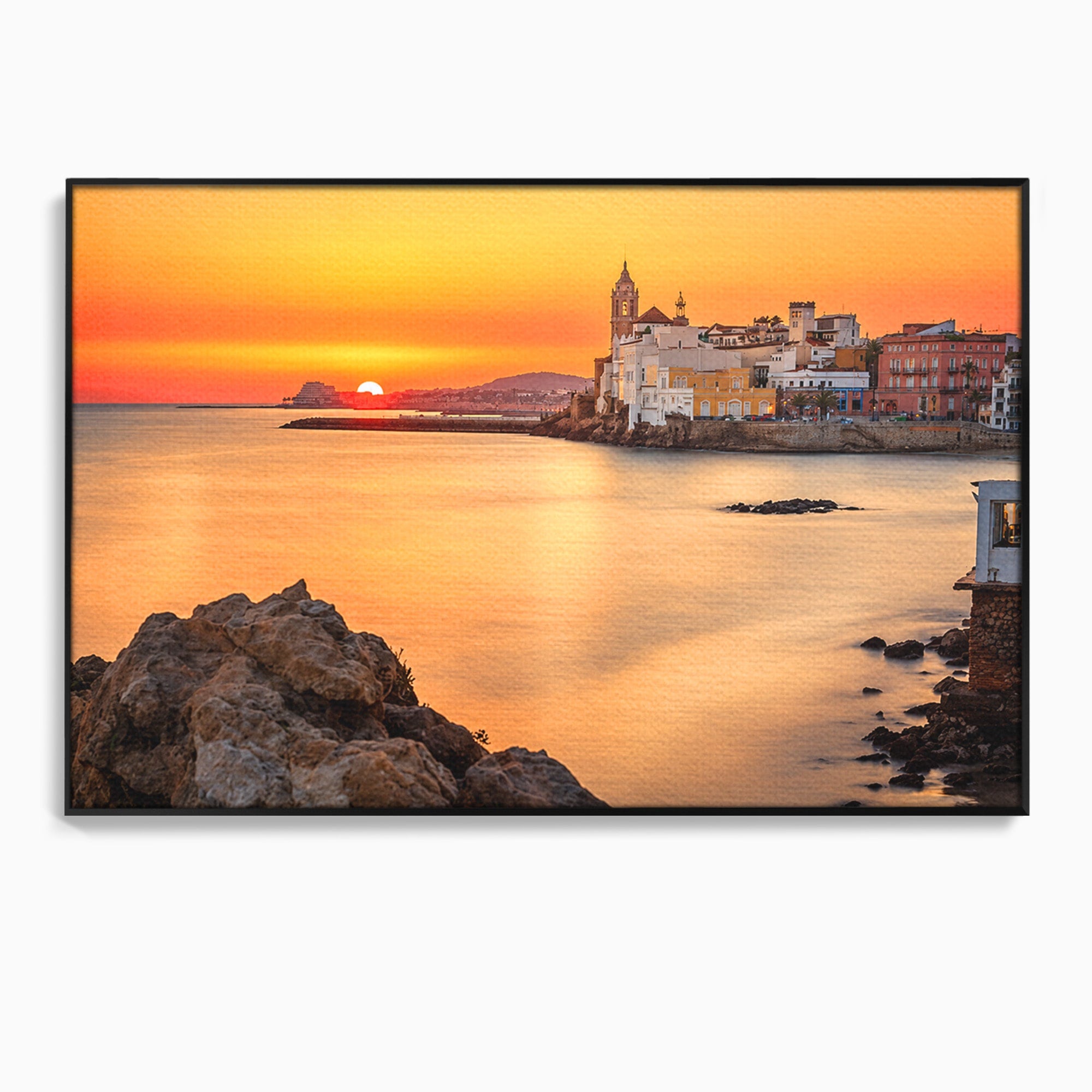 Tablou Canvas Premium LuxCanva® O1070, Apus Pitoresc Mediteranean, Apus, Mare, Oras, Peisaj, Living, Culori Vibrante