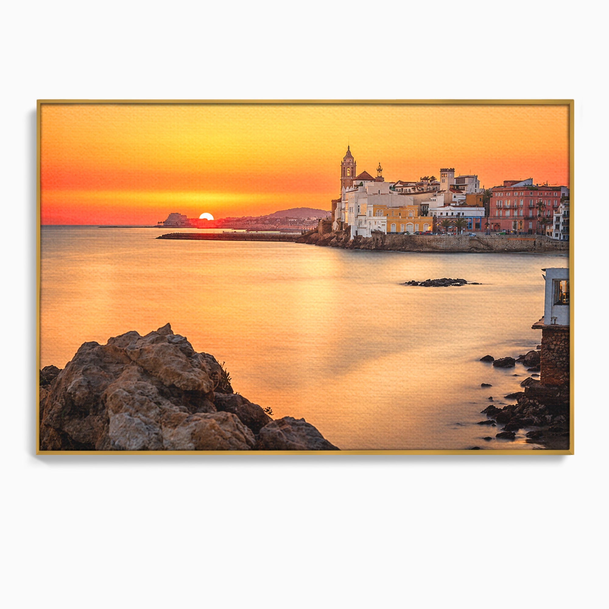 Tablou Canvas Premium LuxCanva® O1070, Apus Pitoresc Mediteranean, Apus, Mare, Oras, Peisaj, Living, Culori Vibrante