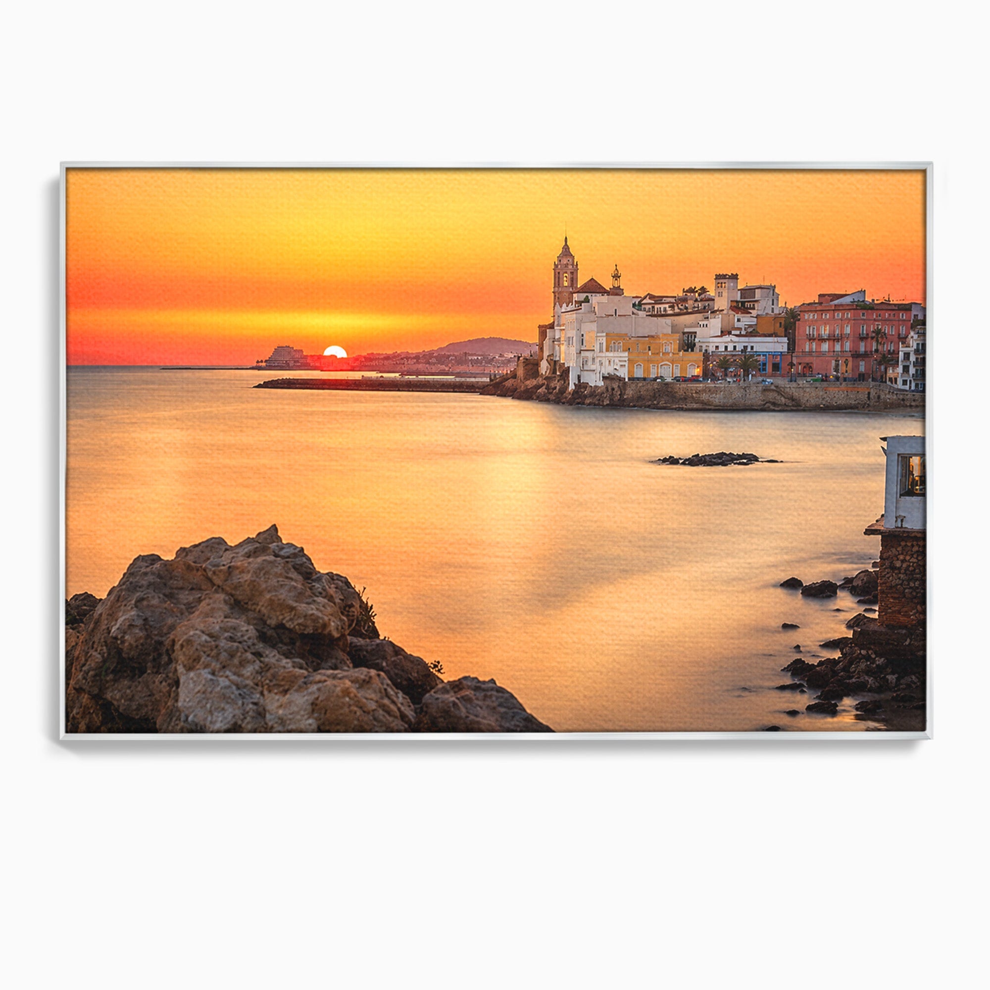 Tablou Canvas Premium LuxCanva® O1070, Apus Pitoresc Mediteranean, Apus, Mare, Oras, Peisaj, Living, Culori Vibrante