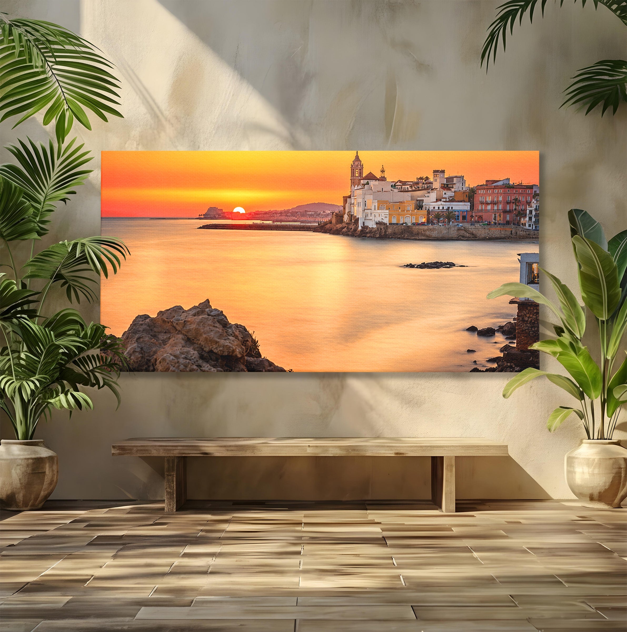 Tablou Canvas Premium LuxCanva® O1070, Apus Pitoresc Mediteranean, Apus, Mare, Oras, Peisaj, Living, Culori Vibrante