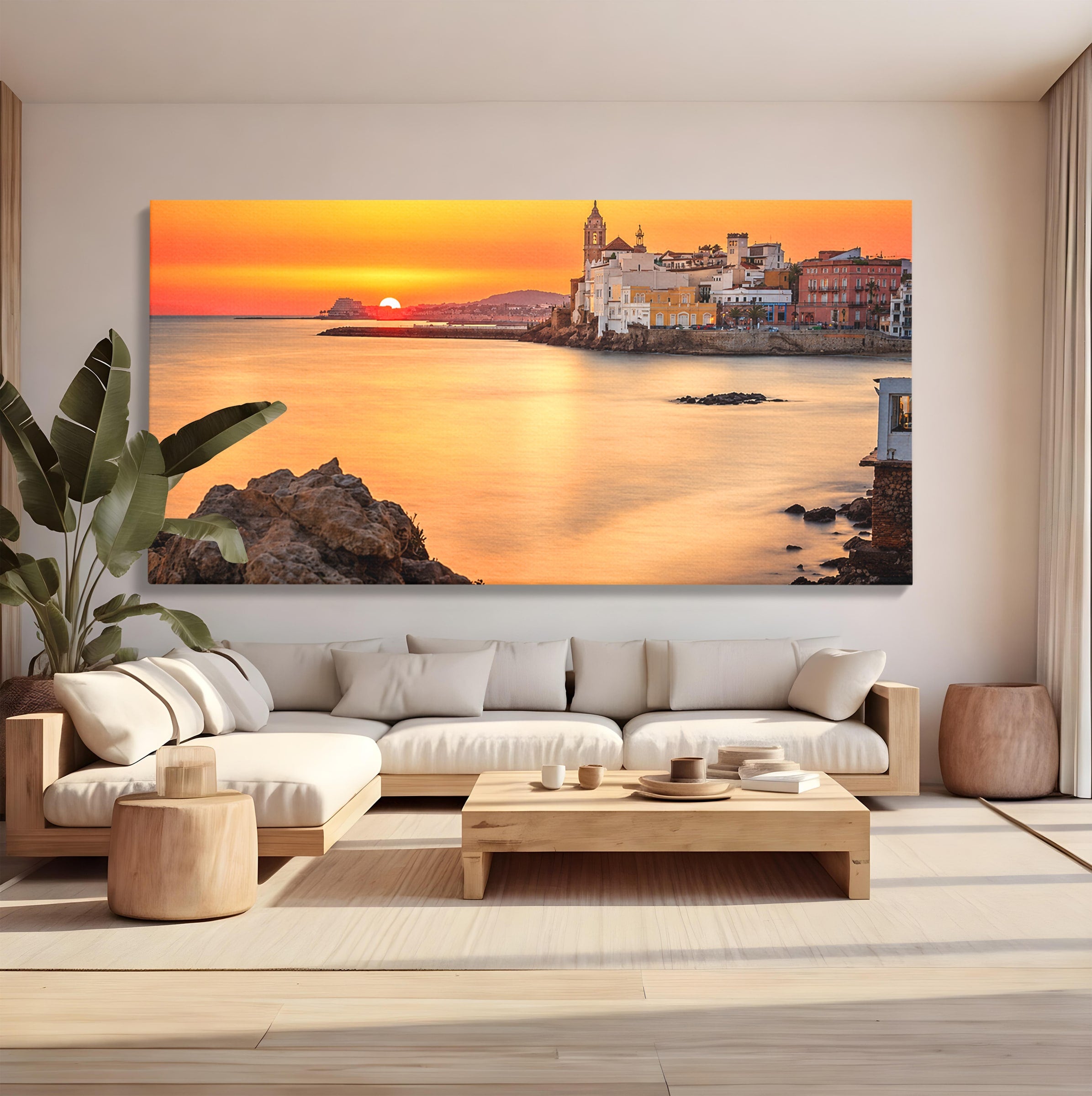 Tablou Canvas Premium LuxCanva® O1070, Apus Pitoresc Mediteranean, Apus, Mare, Oras, Peisaj, Living, Culori Vibrante