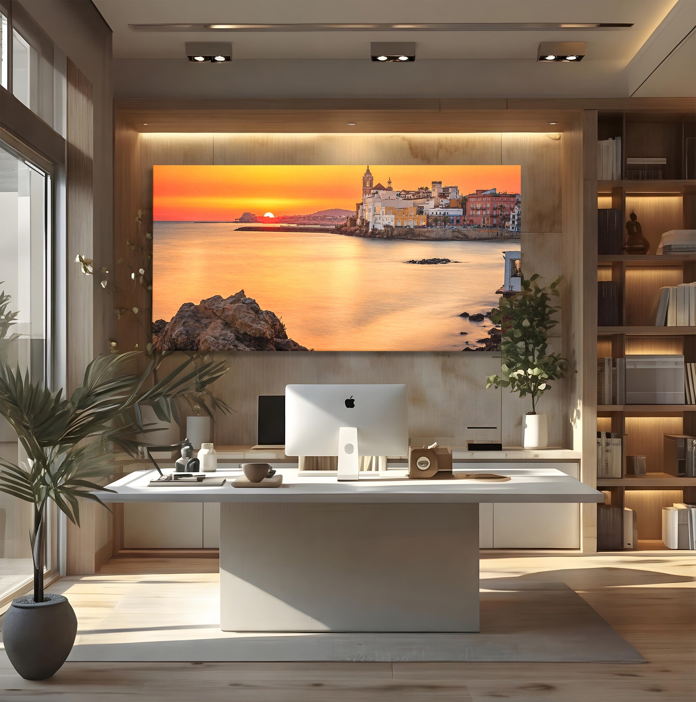 Tablou Canvas Premium LuxCanva® O1070, Apus Pitoresc Mediteranean, Apus, Mare, Oras, Peisaj, Living, Culori Vibrante