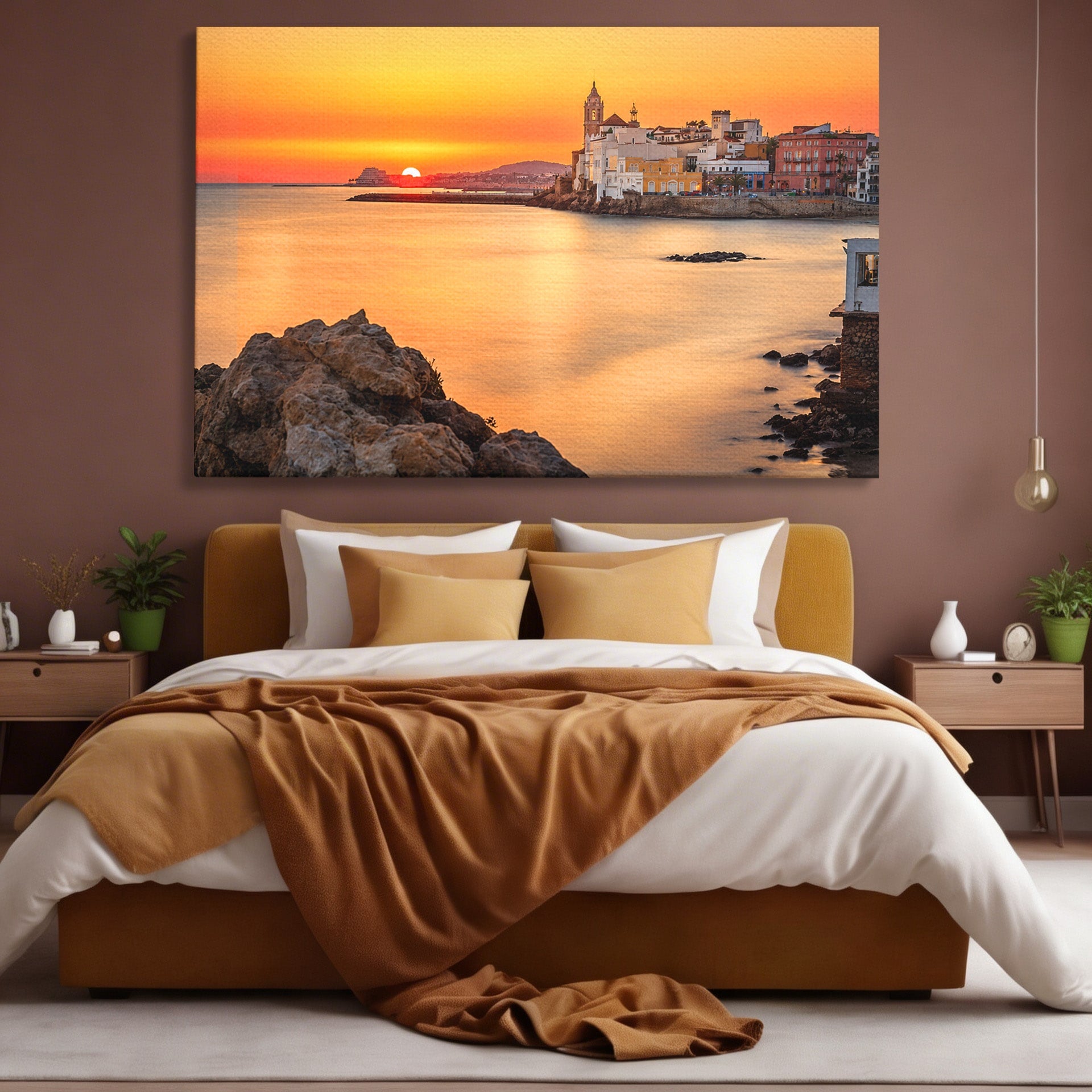 Tablou Canvas Premium LuxCanva® O1070, Apus Pitoresc Mediteranean, Apus, Mare, Oras, Peisaj, Living, Culori Vibrante