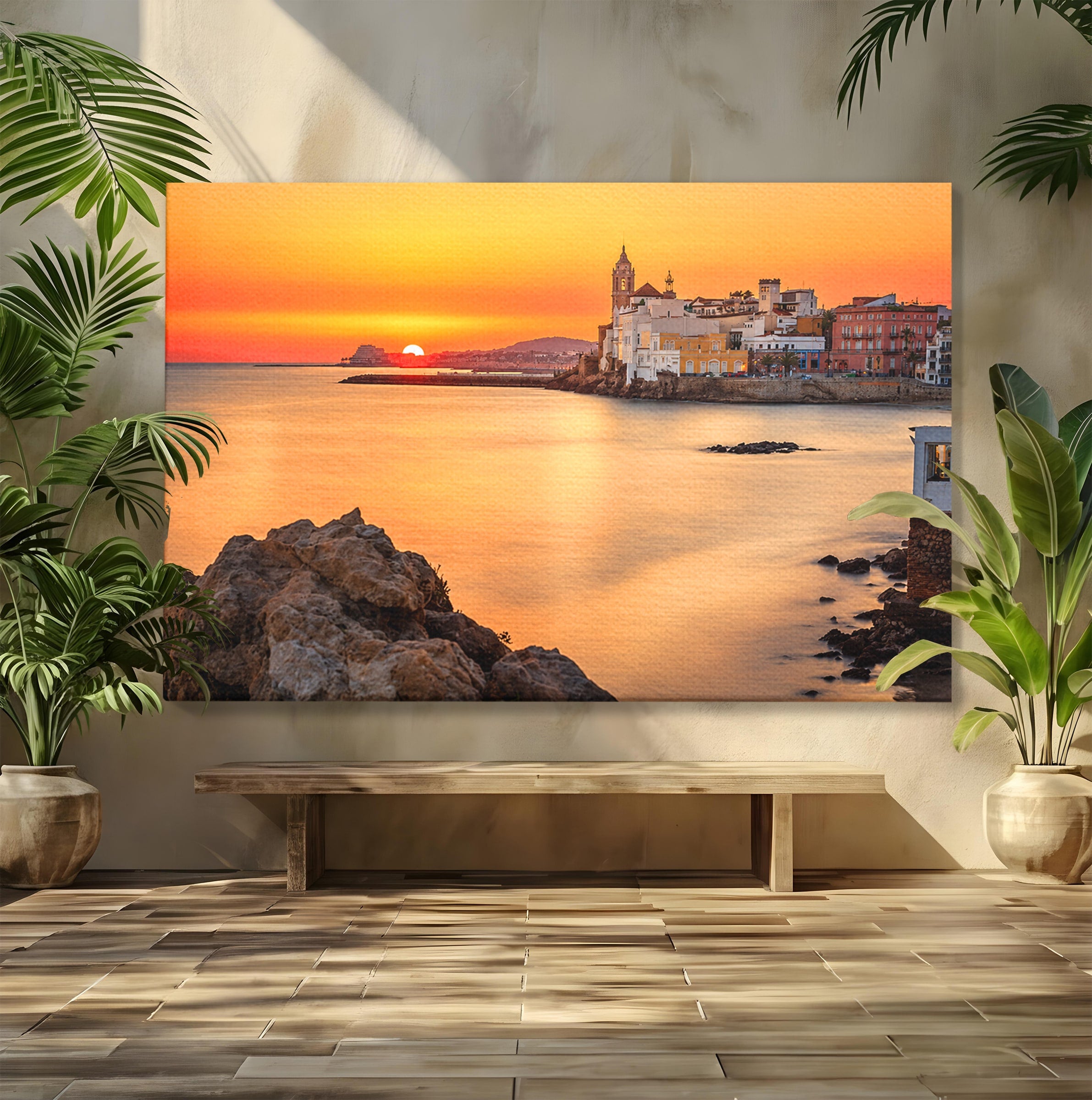Tablou Canvas Premium LuxCanva® O1070, Apus Pitoresc Mediteranean, Apus, Mare, Oras, Peisaj, Living, Culori Vibrante