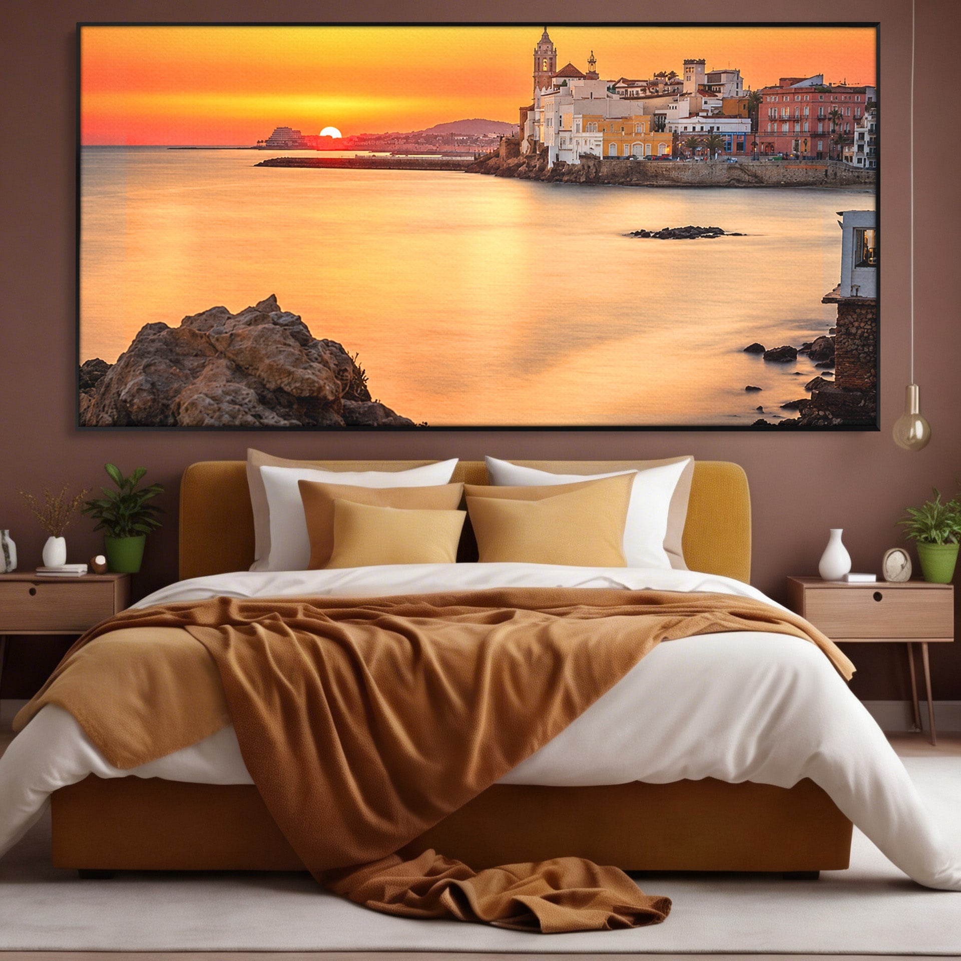 Tablou Canvas Premium LuxCanva® O1070, Apus Pitoresc Mediteranean, Apus, Mare, Oras, Peisaj, Living, Culori Vibrante