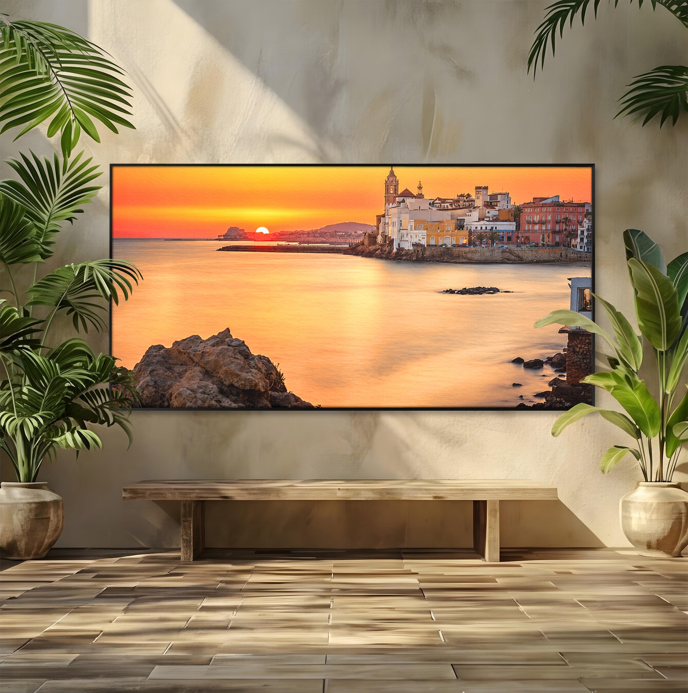 Tablou Canvas Premium LuxCanva® O1070, Apus Pitoresc Mediteranean, Apus, Mare, Oras, Peisaj, Living, Culori Vibrante