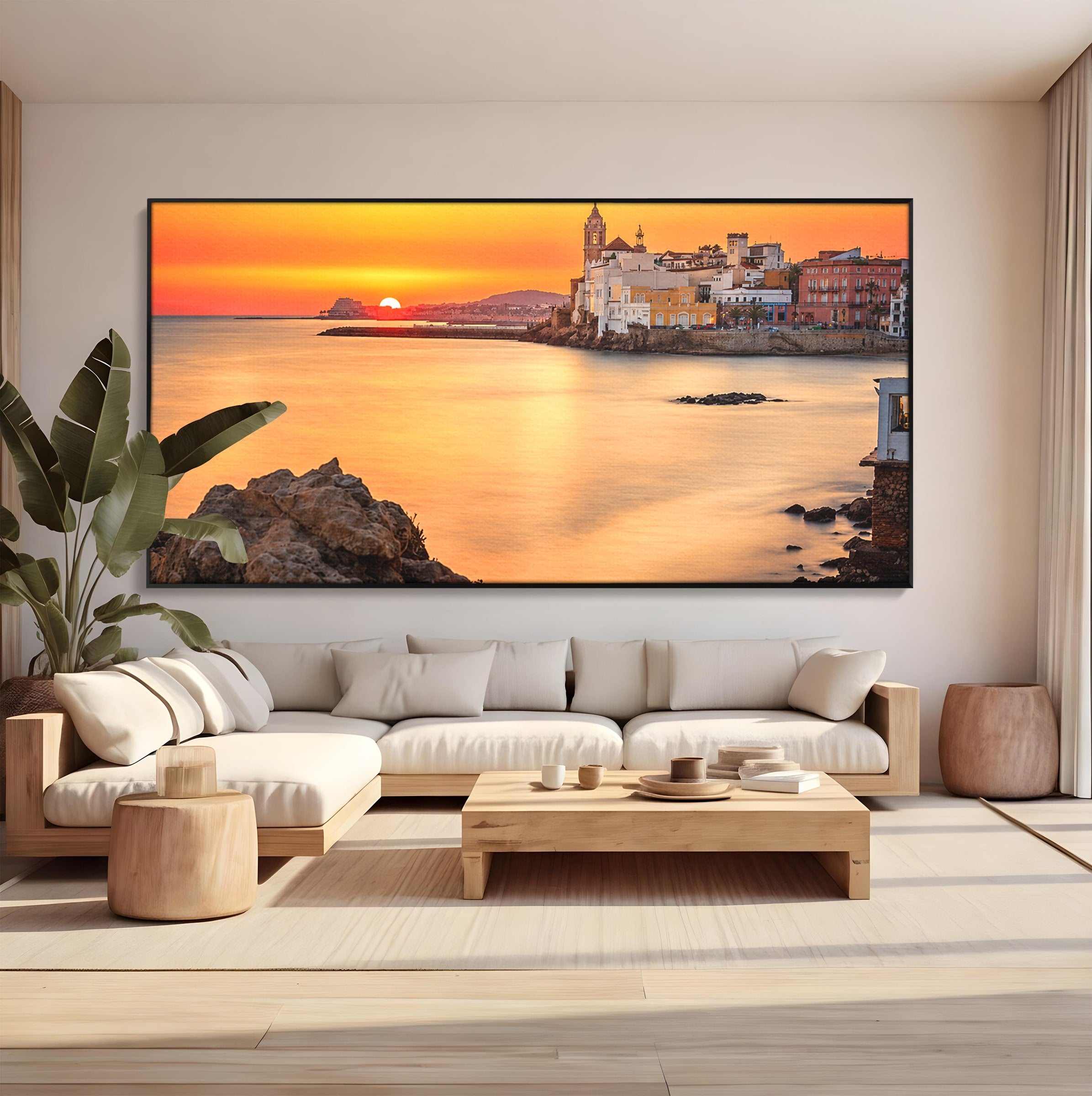 Tablou Canvas Premium LuxCanva® O1070, Apus Pitoresc Mediteranean, Apus, Mare, Oras, Peisaj, Living, Culori Vibrante