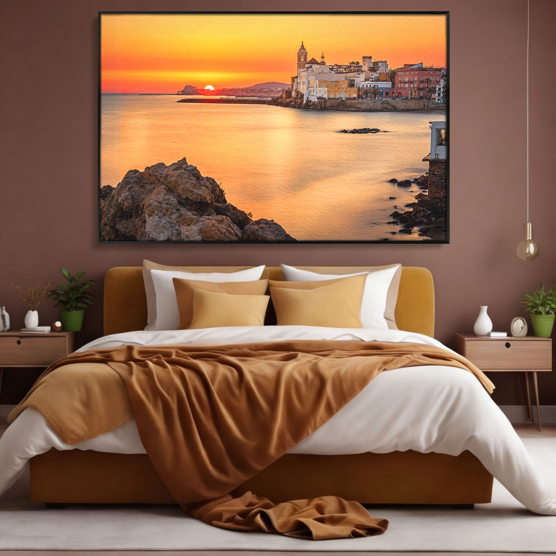 Tablou Canvas Premium LuxCanva® O1070, Apus Pitoresc Mediteranean, Apus, Mare, Oras, Peisaj, Living, Culori Vibrante