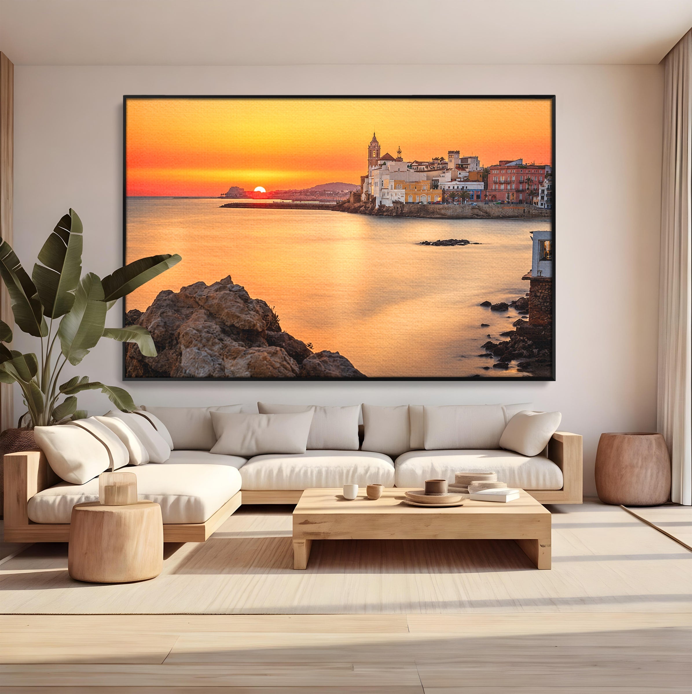Tablou Canvas Premium LuxCanva® O1070, Apus Pitoresc Mediteranean, Apus, Mare, Oras, Peisaj, Living, Culori Vibrante