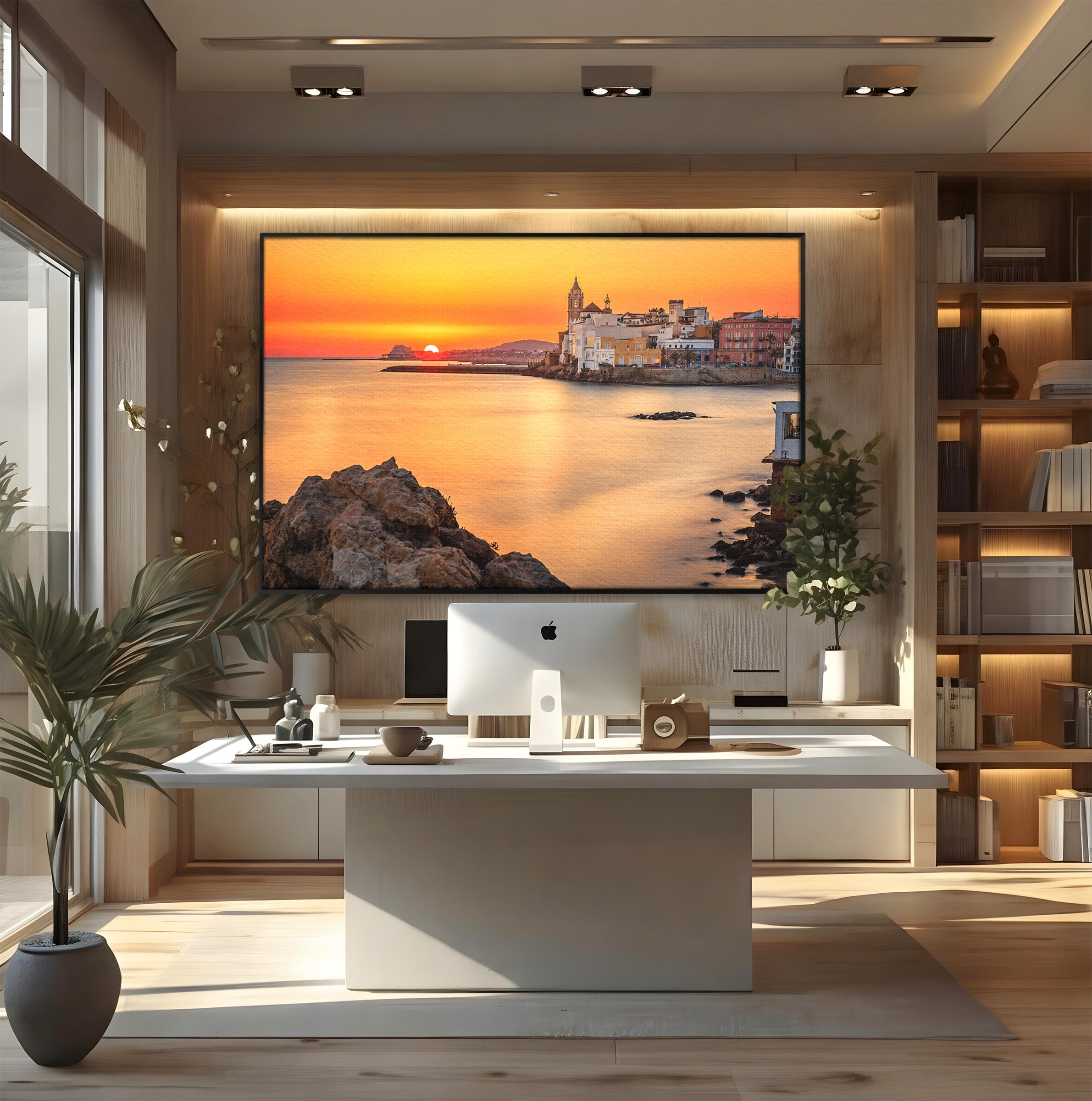 Tablou Canvas Premium LuxCanva® O1070, Apus Pitoresc Mediteranean, Apus, Mare, Oras, Peisaj, Living, Culori Vibrante