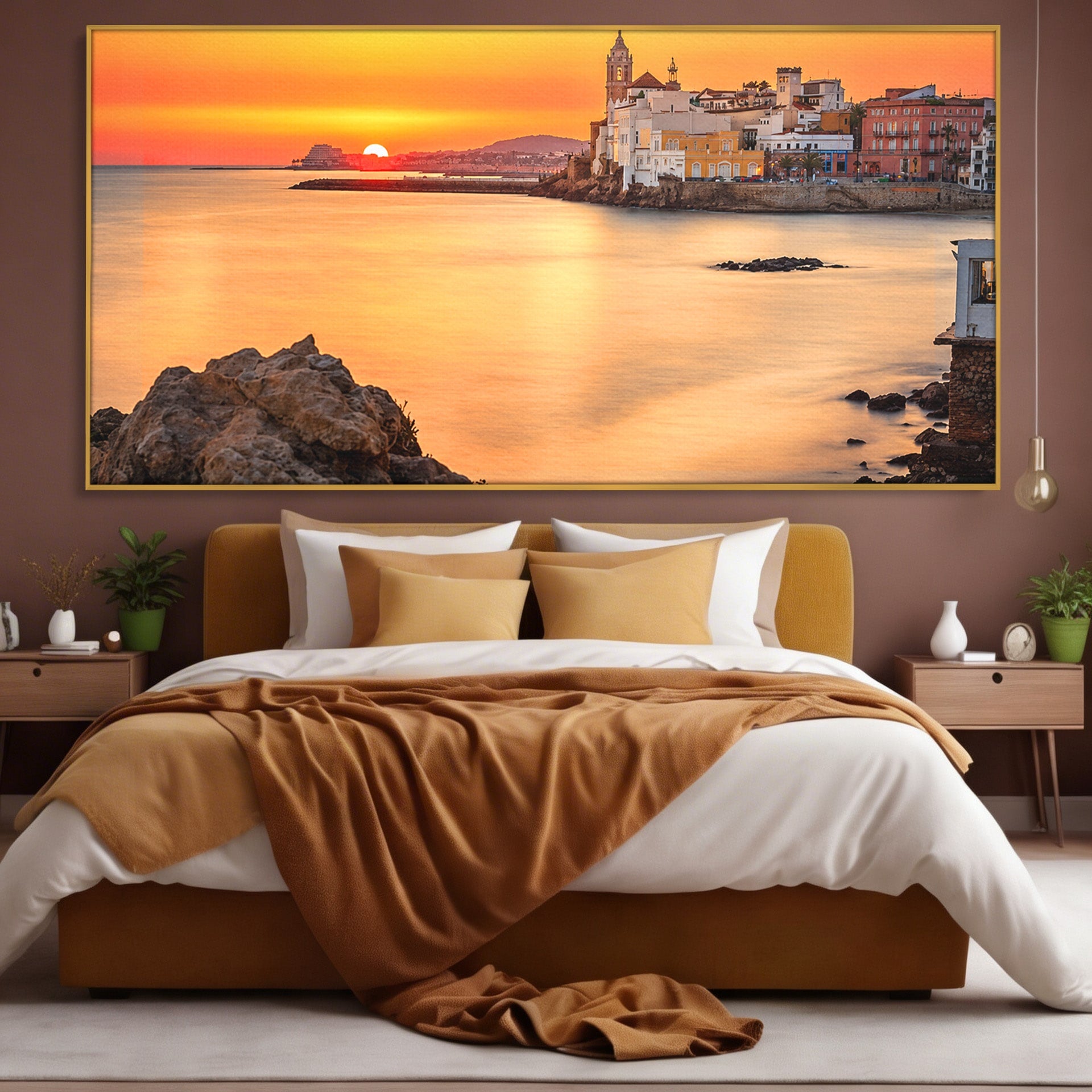Tablou Canvas Premium LuxCanva® O1070, Apus Pitoresc Mediteranean, Apus, Mare, Oras, Peisaj, Living, Culori Vibrante