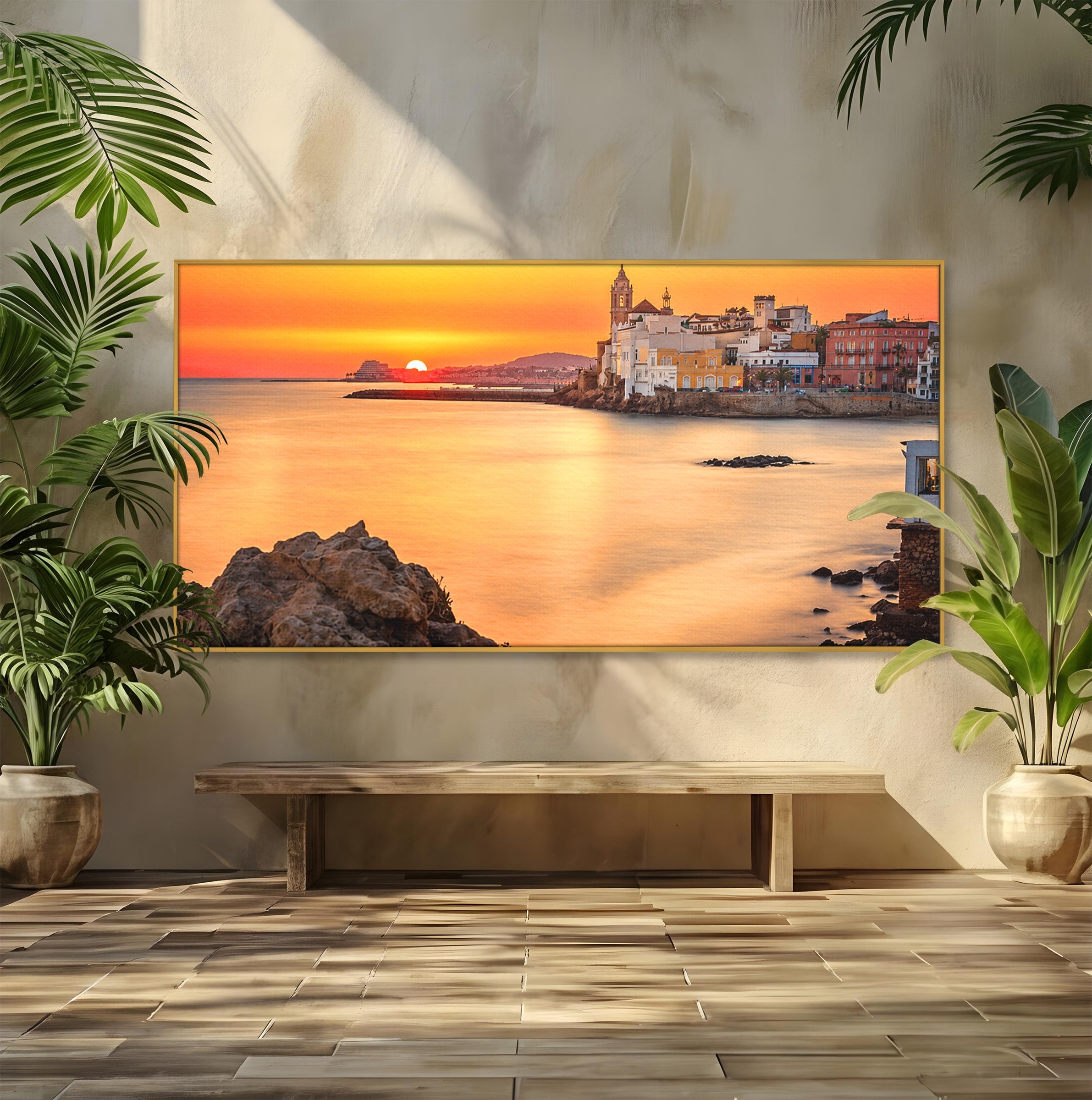 Tablou Canvas Premium LuxCanva® O1070, Apus Pitoresc Mediteranean, Apus, Mare, Oras, Peisaj, Living, Culori Vibrante