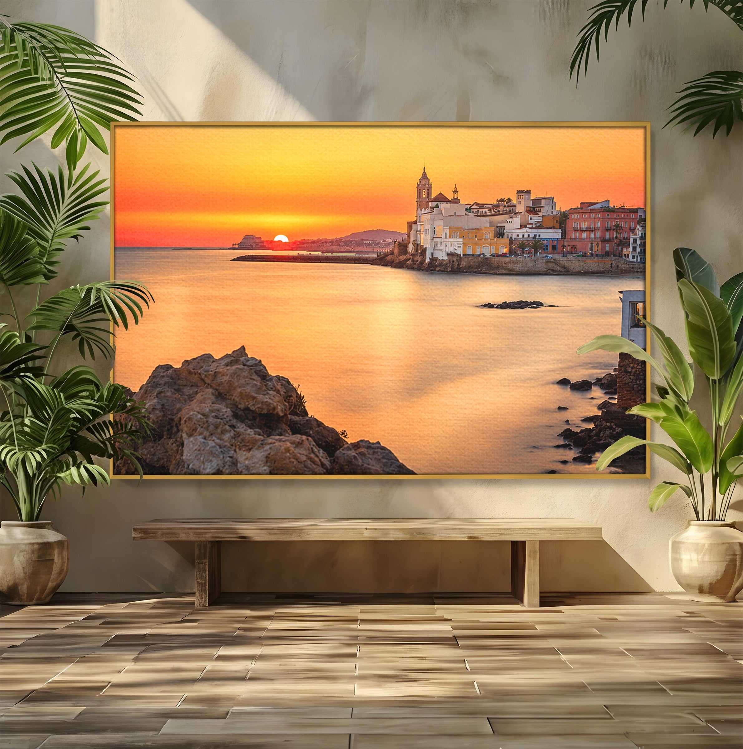Tablou Canvas Premium LuxCanva® O1070, Apus Pitoresc Mediteranean, Apus, Mare, Oras, Peisaj, Living, Culori Vibrante