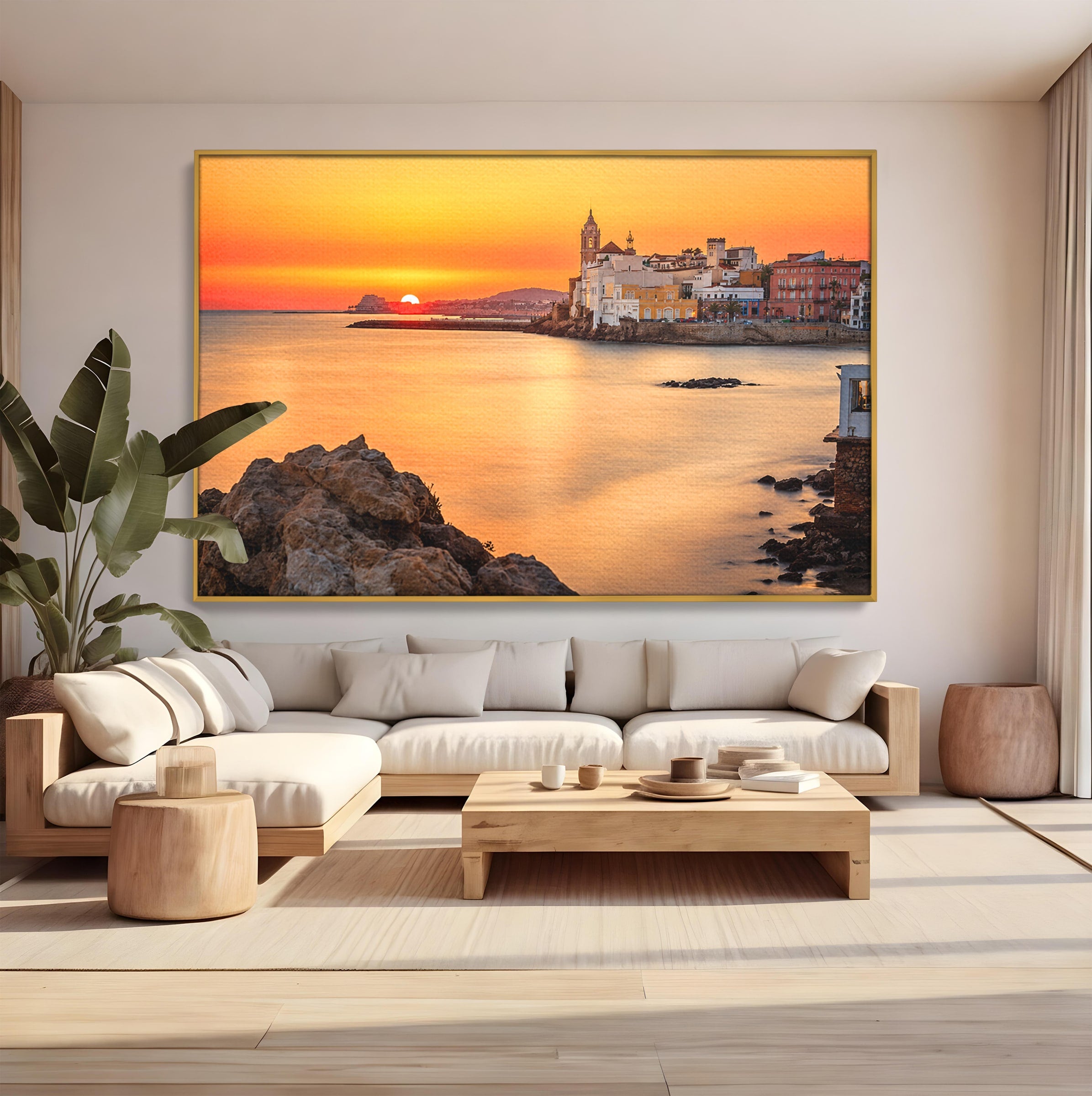 Tablou Canvas Premium LuxCanva® O1070, Apus Pitoresc Mediteranean, Apus, Mare, Oras, Peisaj, Living, Culori Vibrante