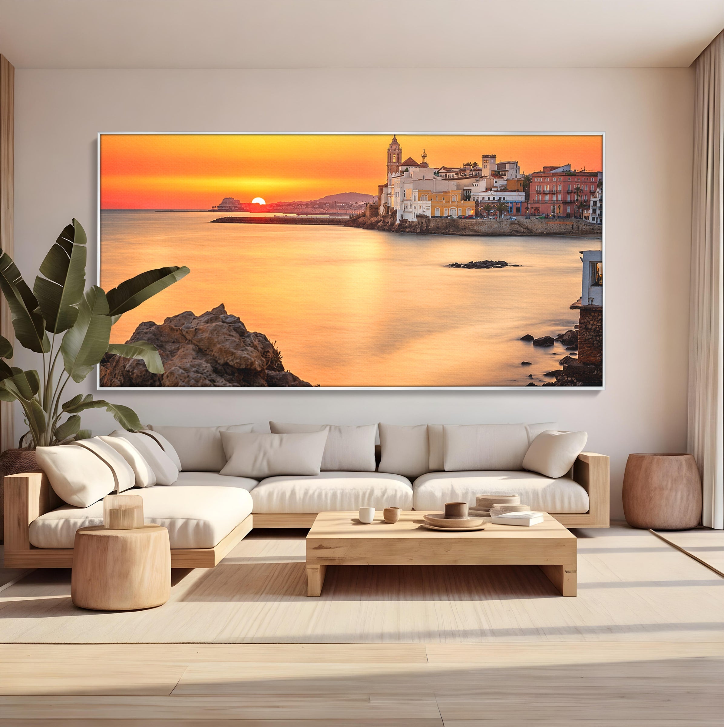 Tablou Canvas Premium LuxCanva® O1070, Apus Pitoresc Mediteranean, Apus, Mare, Oras, Peisaj, Living, Culori Vibrante
