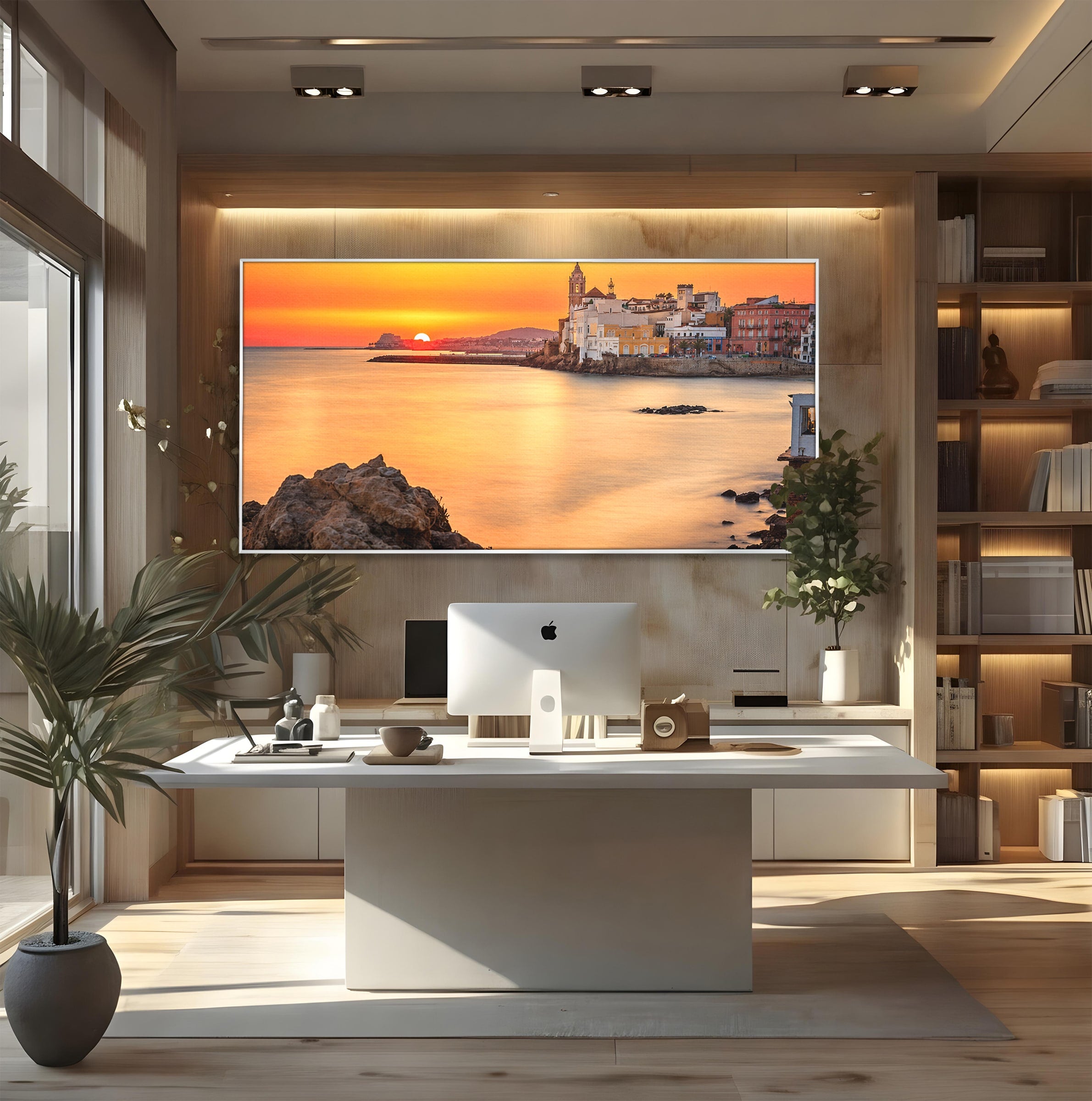 Tablou Canvas Premium LuxCanva® O1070, Apus Pitoresc Mediteranean, Apus, Mare, Oras, Peisaj, Living, Culori Vibrante