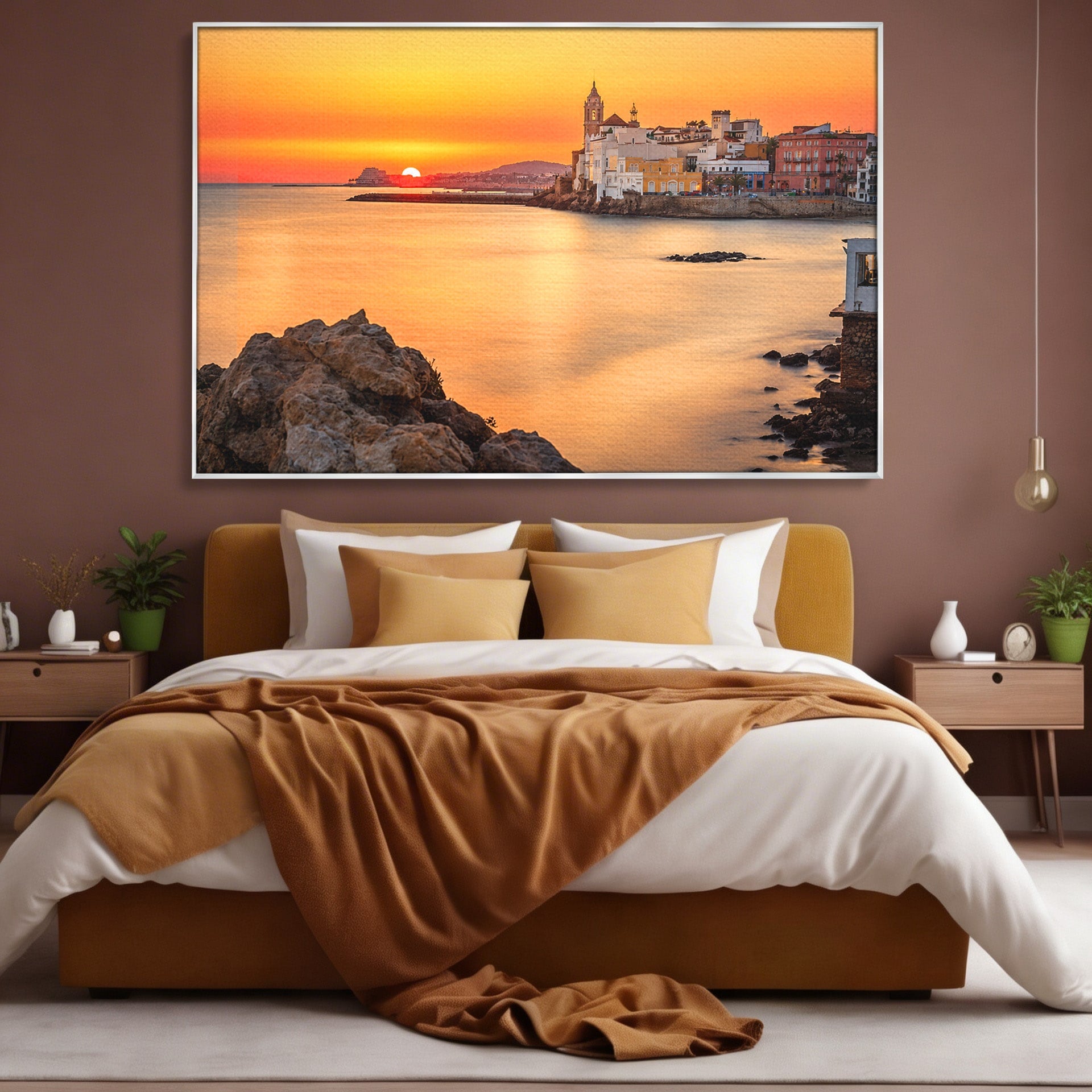 Tablou Canvas Premium LuxCanva® O1070, Apus Pitoresc Mediteranean, Apus, Mare, Oras, Peisaj, Living, Culori Vibrante
