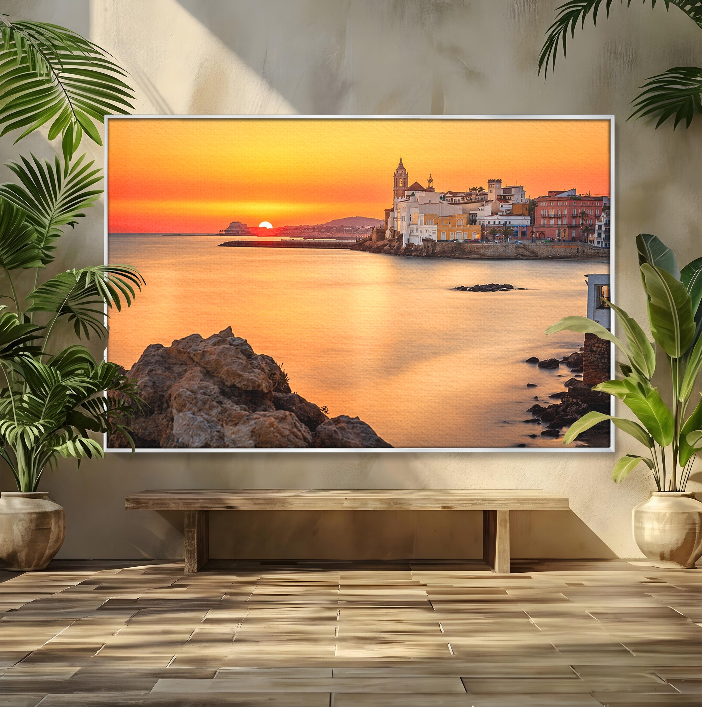 Tablou Canvas Premium LuxCanva® O1070, Apus Pitoresc Mediteranean, Apus, Mare, Oras, Peisaj, Living, Culori Vibrante