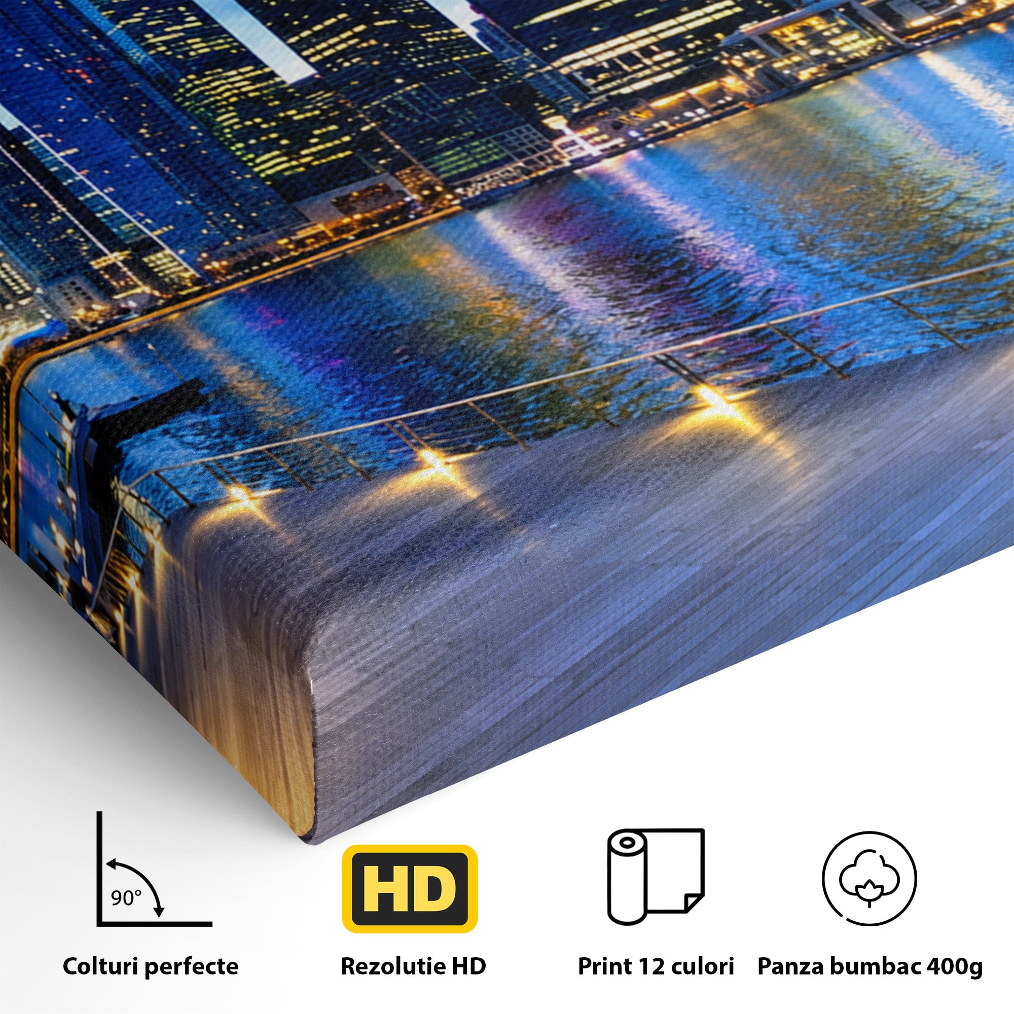 Tablou Canvas Premium LuxCanva® O1071, Oras Modern Noaptea, Oras, Noapte, Reflexii, Urban, Lumini, Living, Birou, Culori Vibrante