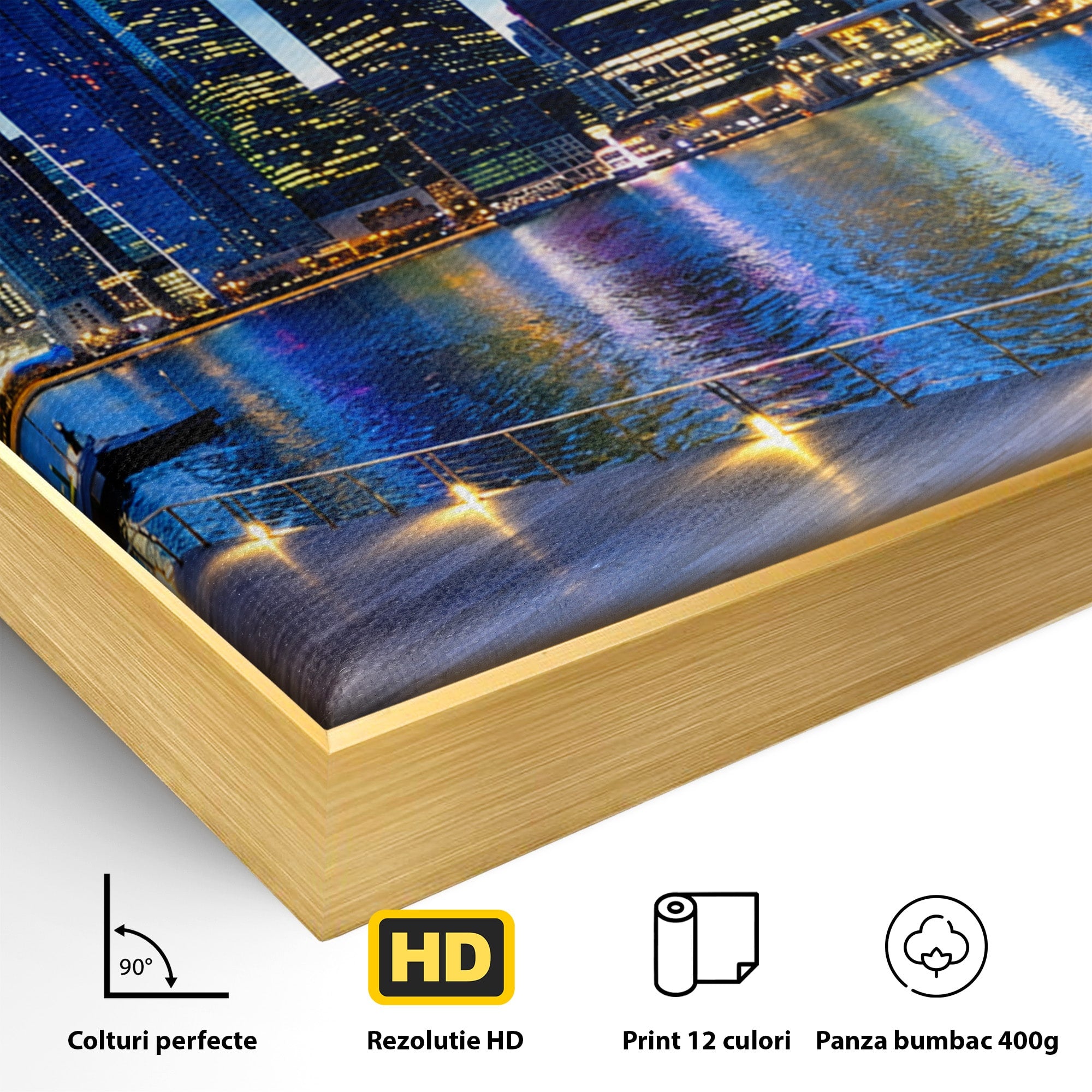 Tablou Canvas Premium LuxCanva® O1071, Oras Modern Noaptea, Oras, Noapte, Reflexii, Urban, Lumini, Living, Birou, Culori Vibrante
