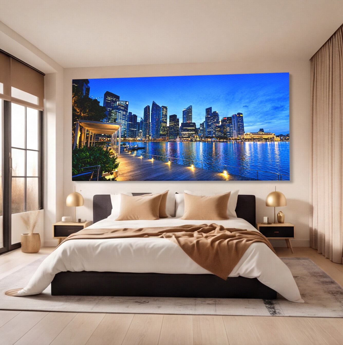 Tablou Canvas Premium LuxCanva® O1071, Oras Modern Noaptea, Oras, Noapte, Reflexii, Urban, Lumini, Living, Birou, Culori Vibrante