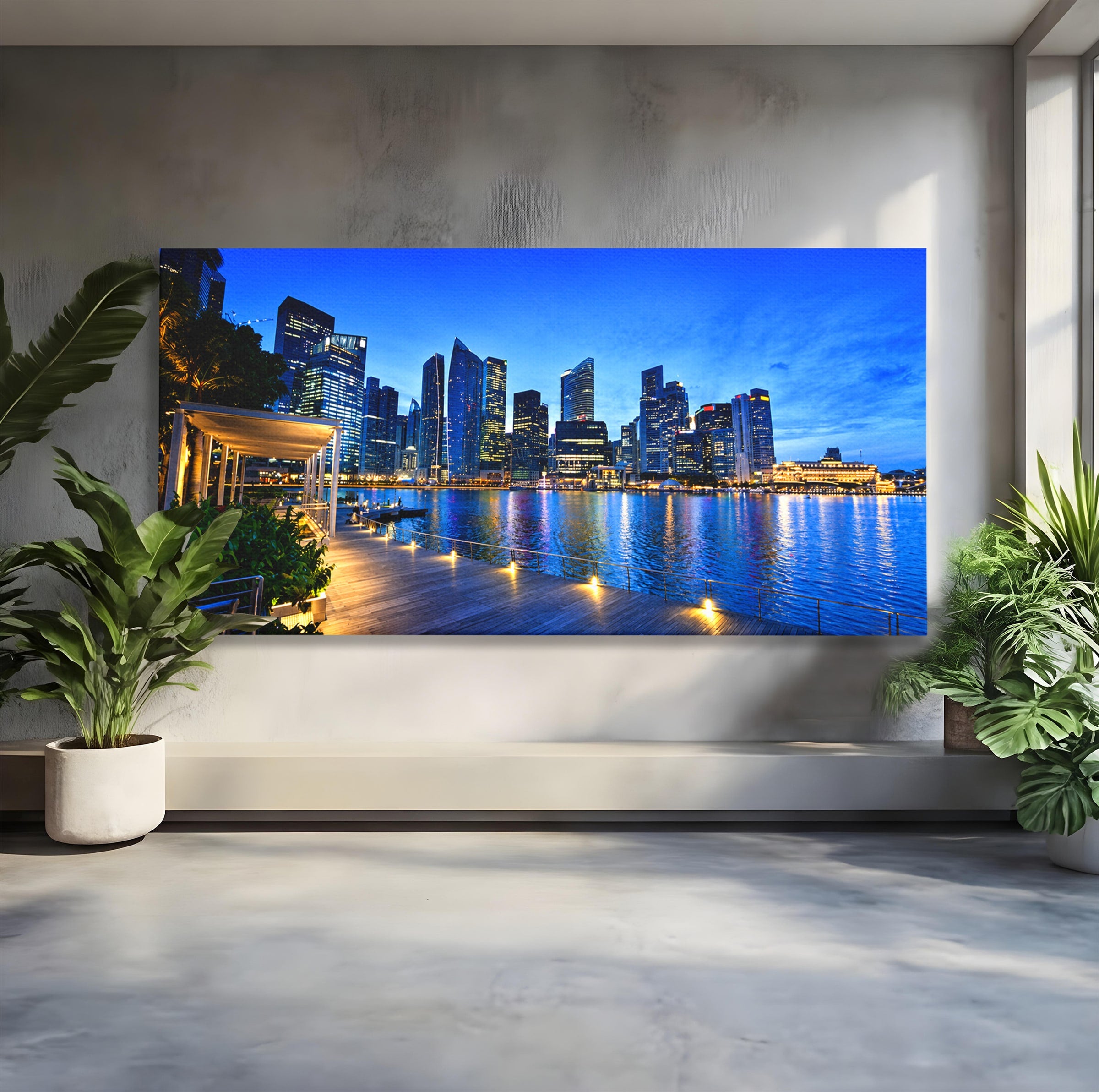 Tablou Canvas Premium LuxCanva® O1071, Oras Modern Noaptea, Oras, Noapte, Reflexii, Urban, Lumini, Living, Birou, Culori Vibrante