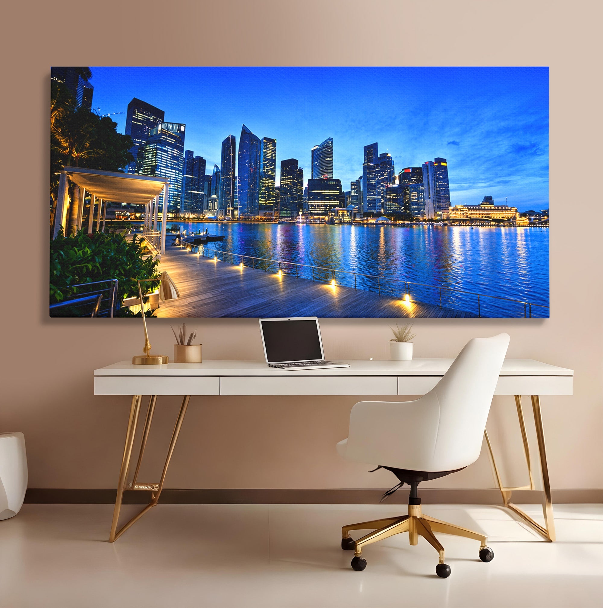Tablou Canvas Premium LuxCanva® O1071, Oras Modern Noaptea, Oras, Noapte, Reflexii, Urban, Lumini, Living, Birou, Culori Vibrante