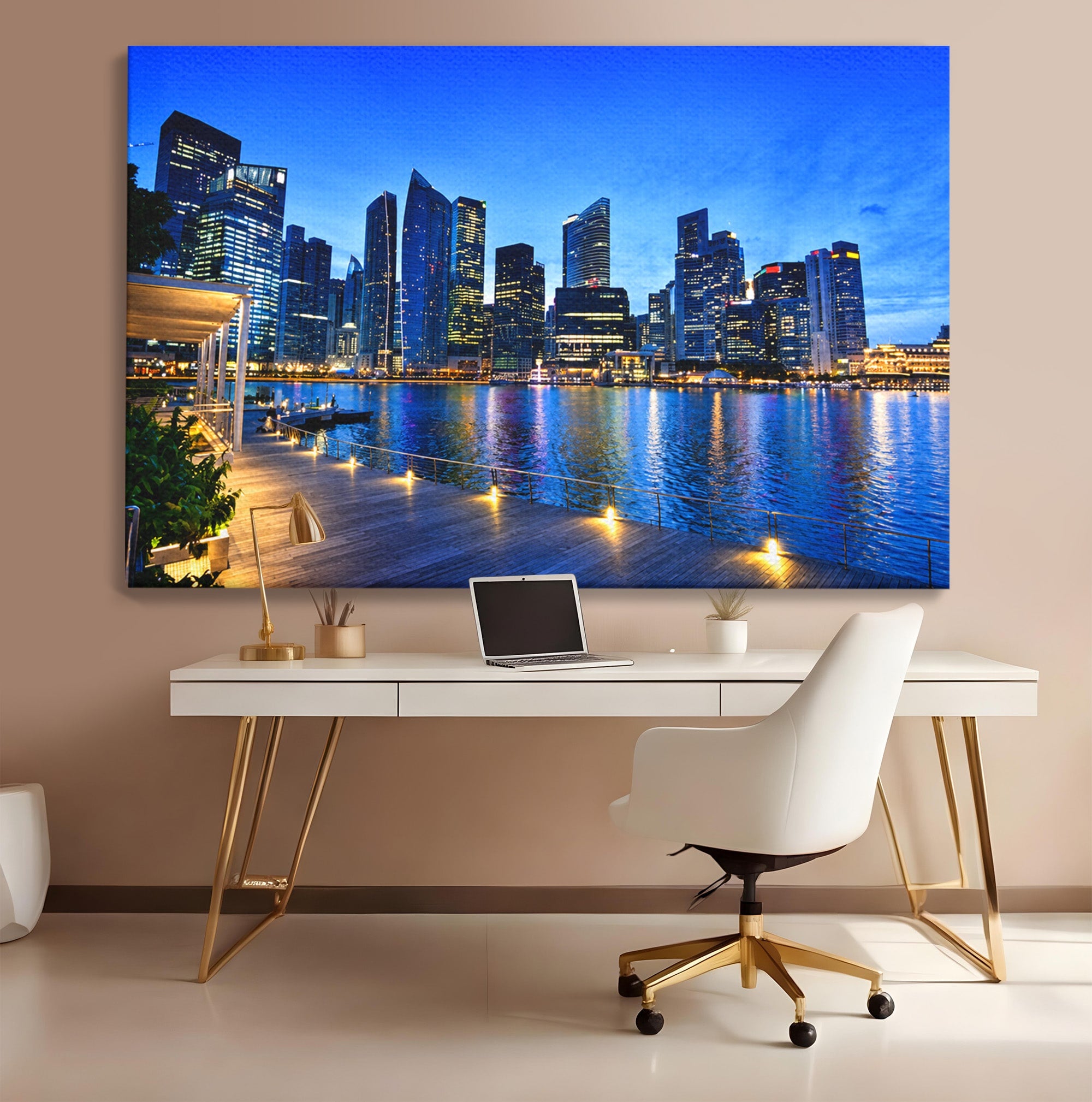 Tablou Canvas Premium LuxCanva® O1071, Oras Modern Noaptea, Oras, Noapte, Reflexii, Urban, Lumini, Living, Birou, Culori Vibrante