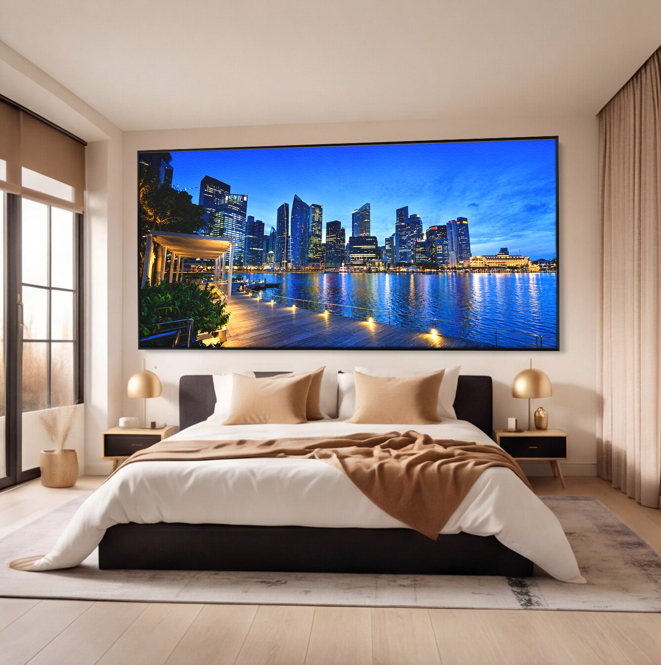 Tablou Canvas Premium LuxCanva® O1071, Oras Modern Noaptea, Oras, Noapte, Reflexii, Urban, Lumini, Living, Birou, Culori Vibrante